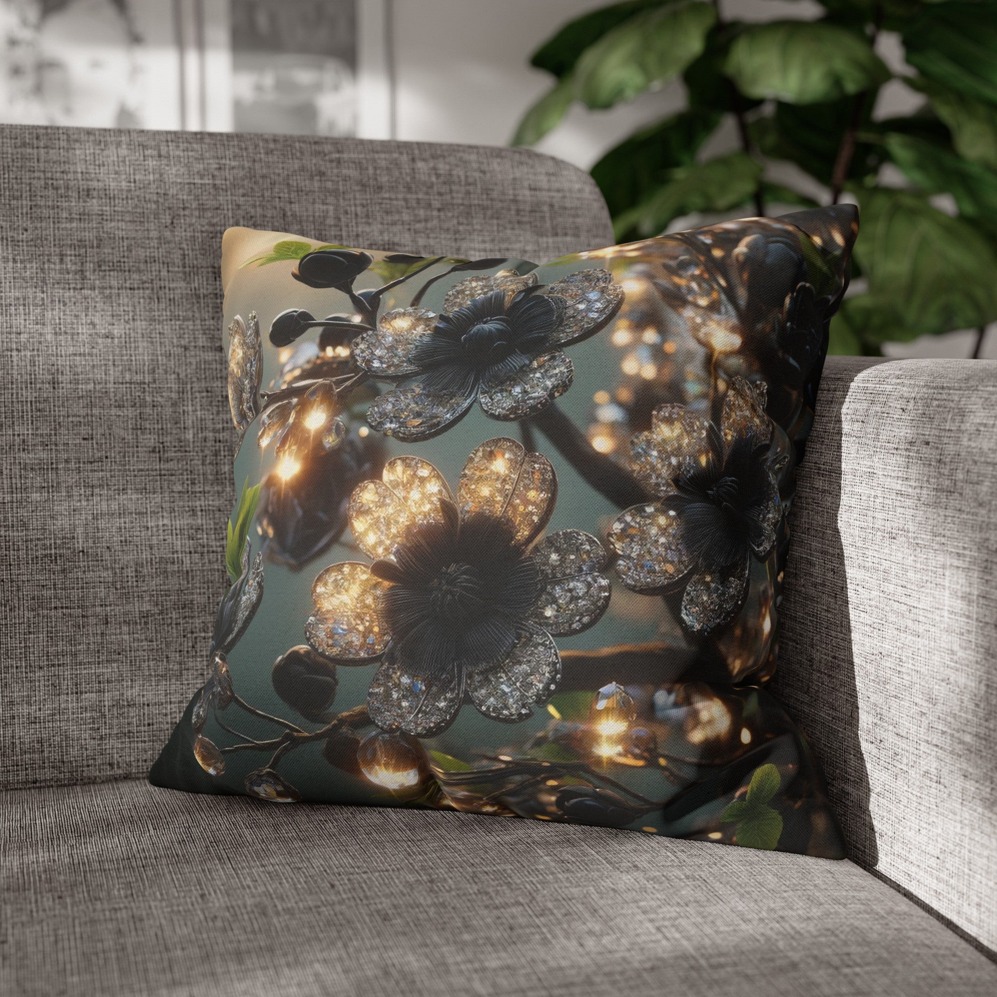 Black, diamond flowers (1) - Polyester Square Pillowcase