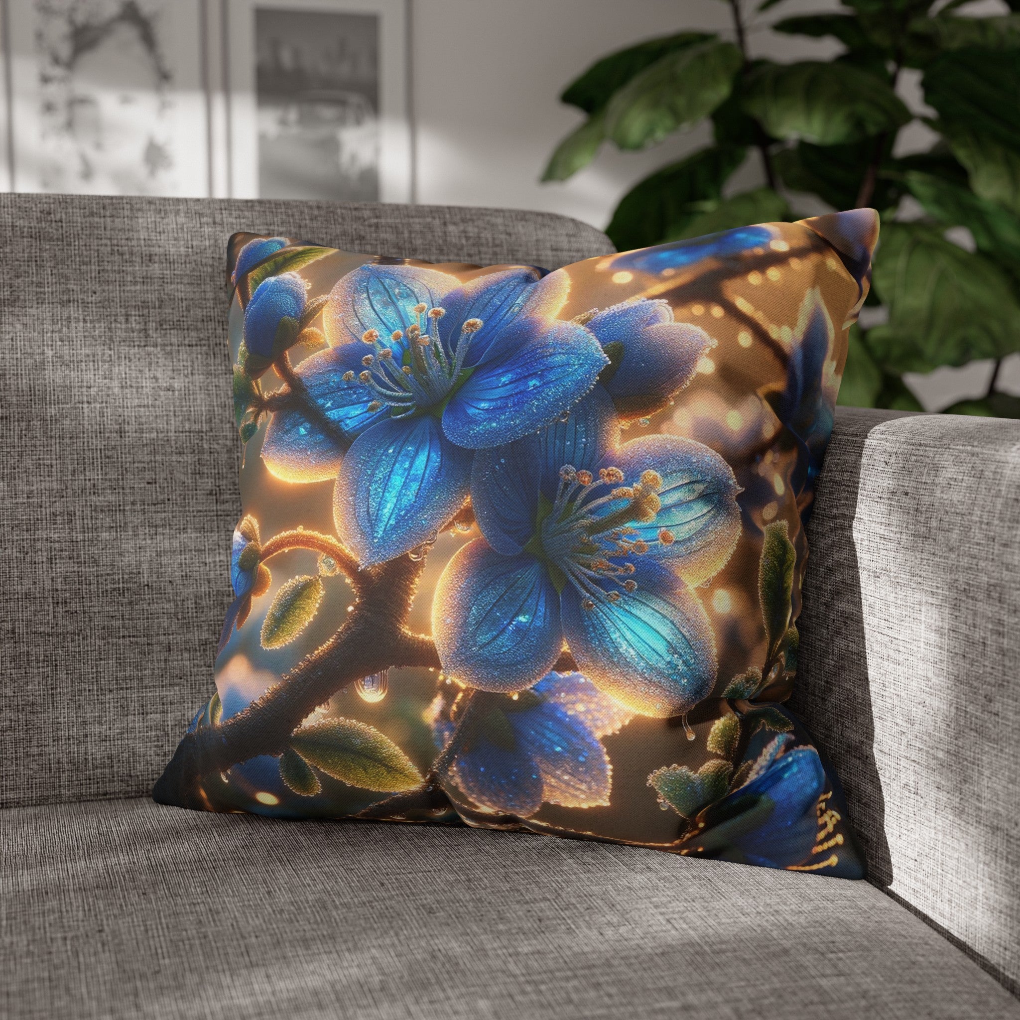 Blue, diamond flowers (3) - Polyester Square Pillowcase