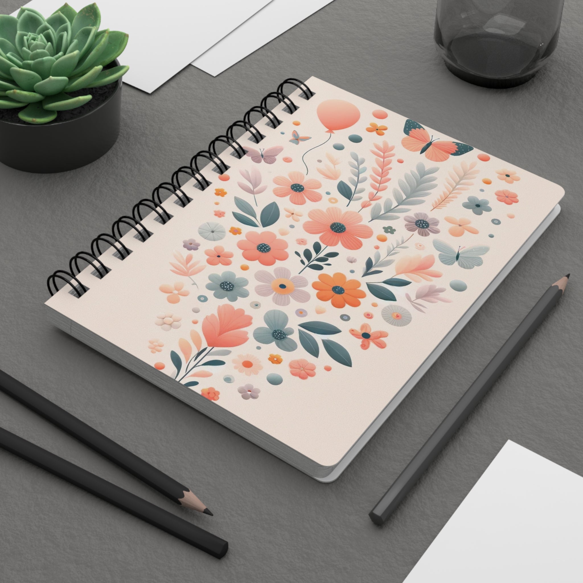 Bouquet of balloons, flowers and butterflies - Spiral Notebook