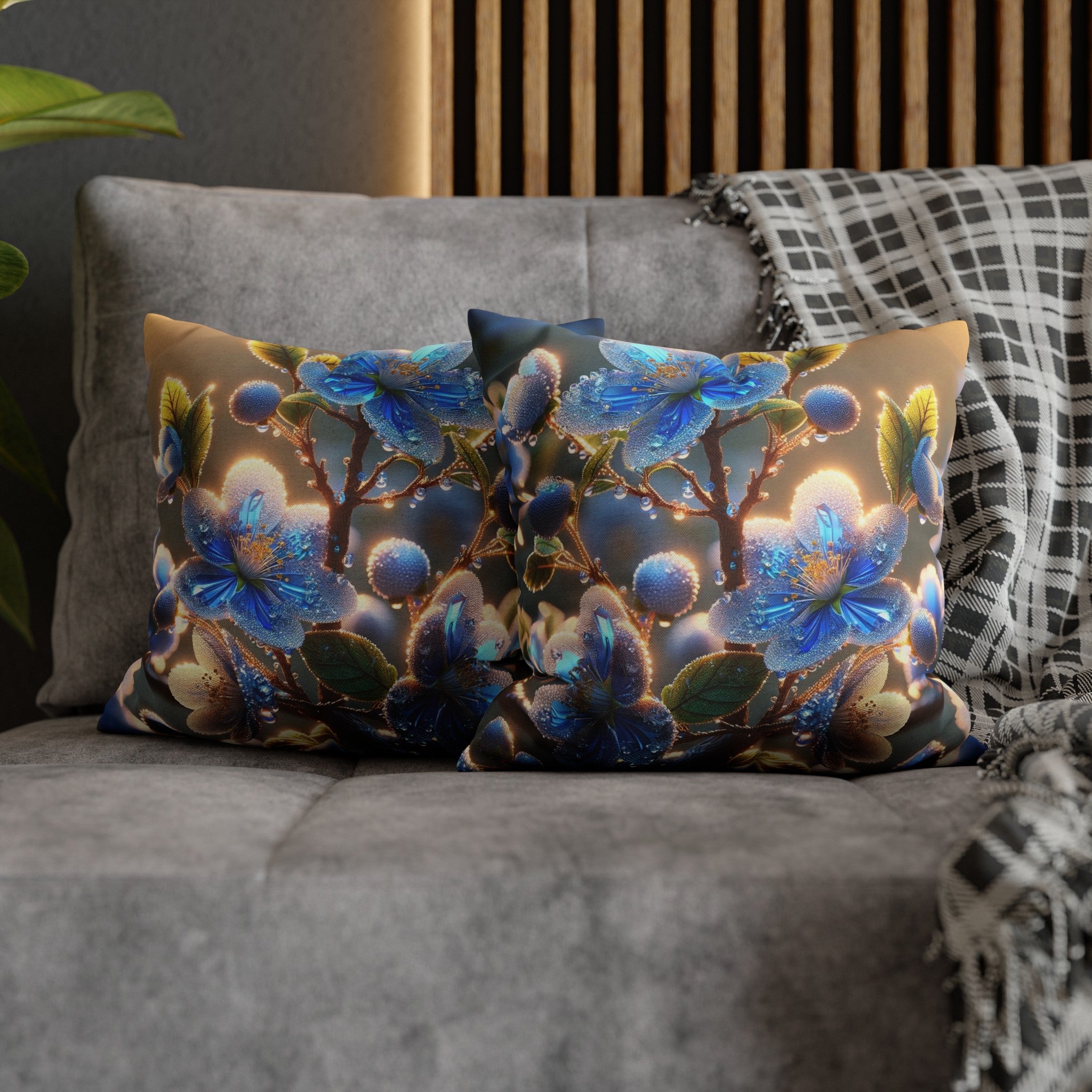 Blue, diamond flowers (2) - Polyester Square Pillowcase