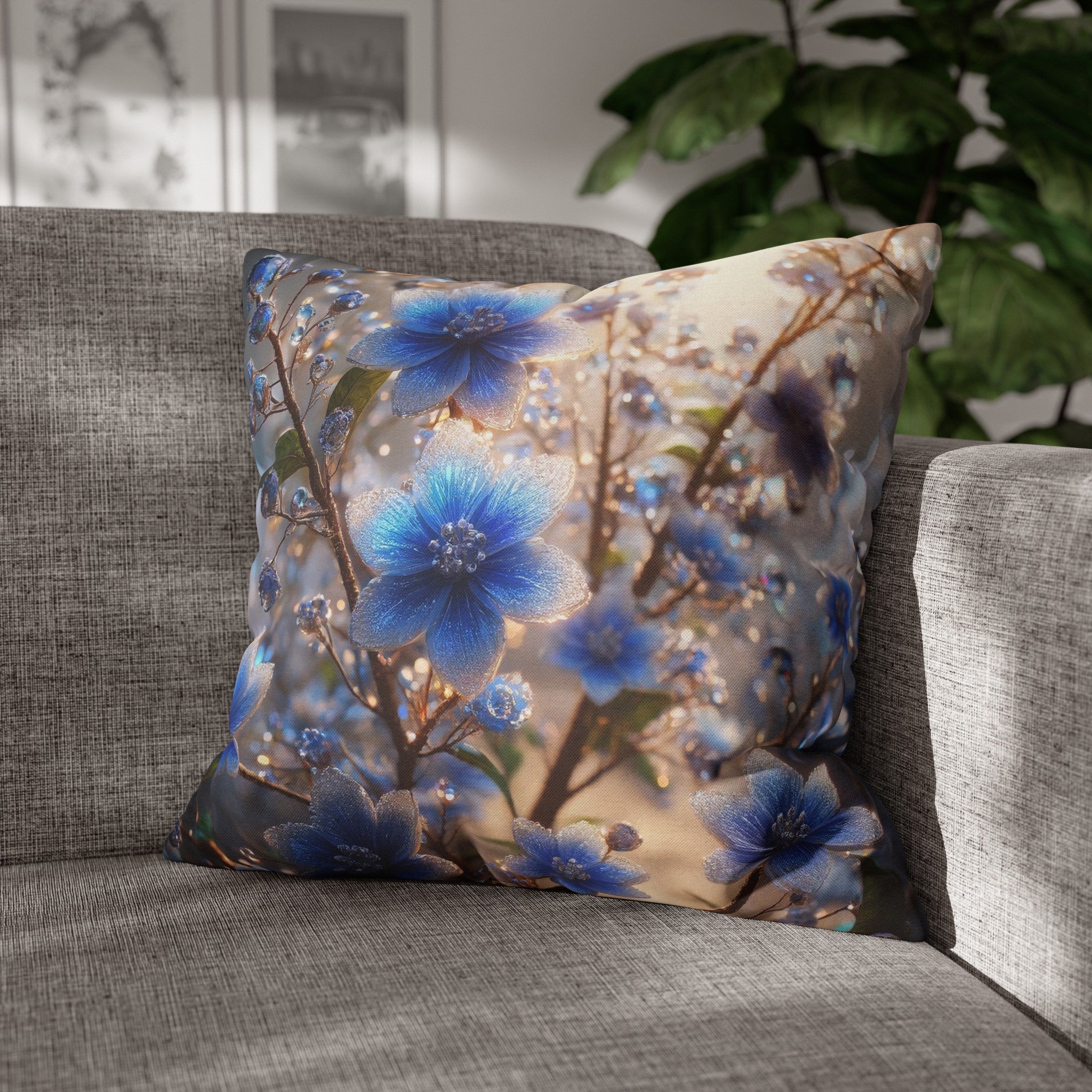 Blue, diamond flowers (4) - Polyester Square Pillowcase