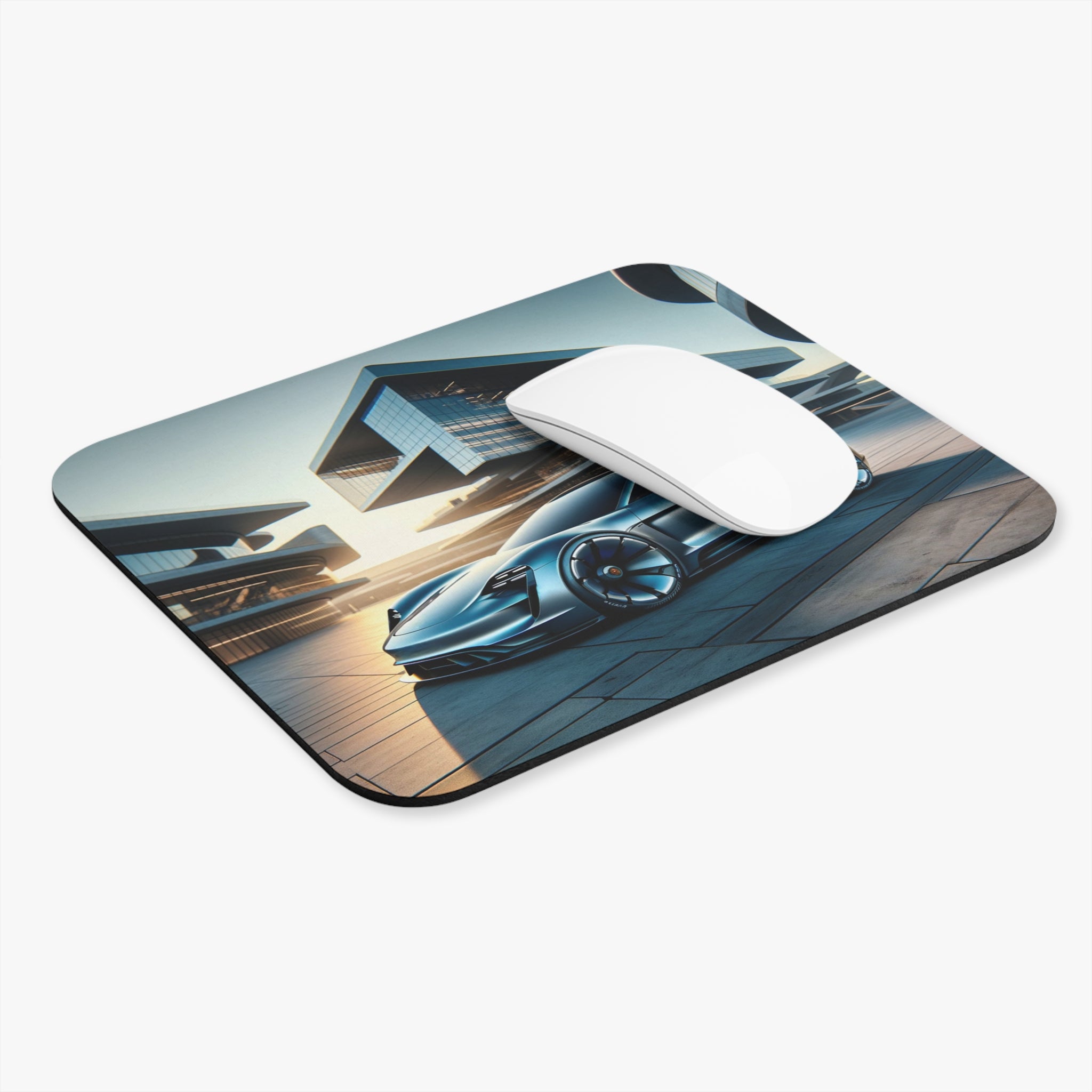 Blue car in front of buildings - Mouse Pad (Rectangle)