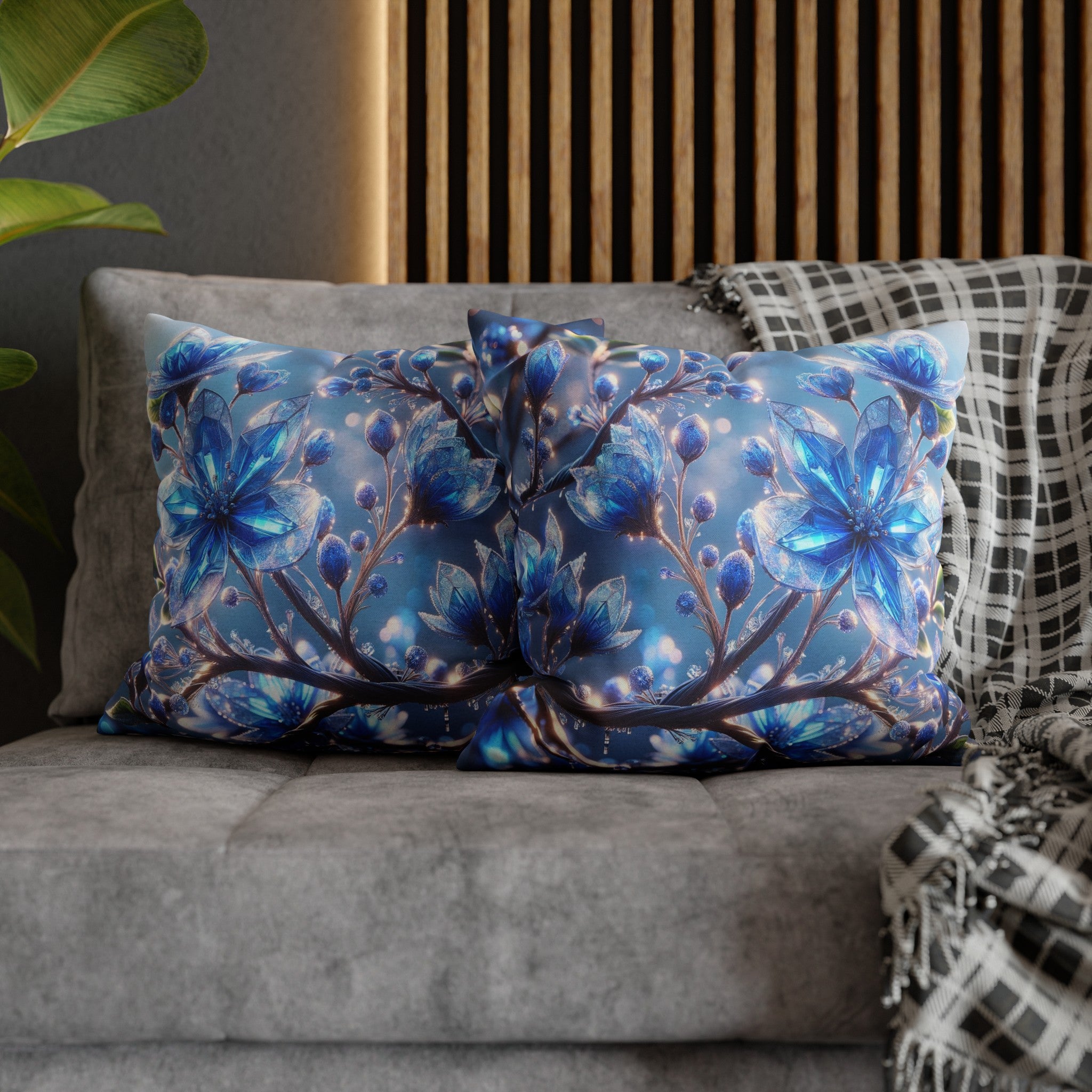 Blue, diamond flowers (5) - Polyester Square Pillowcase