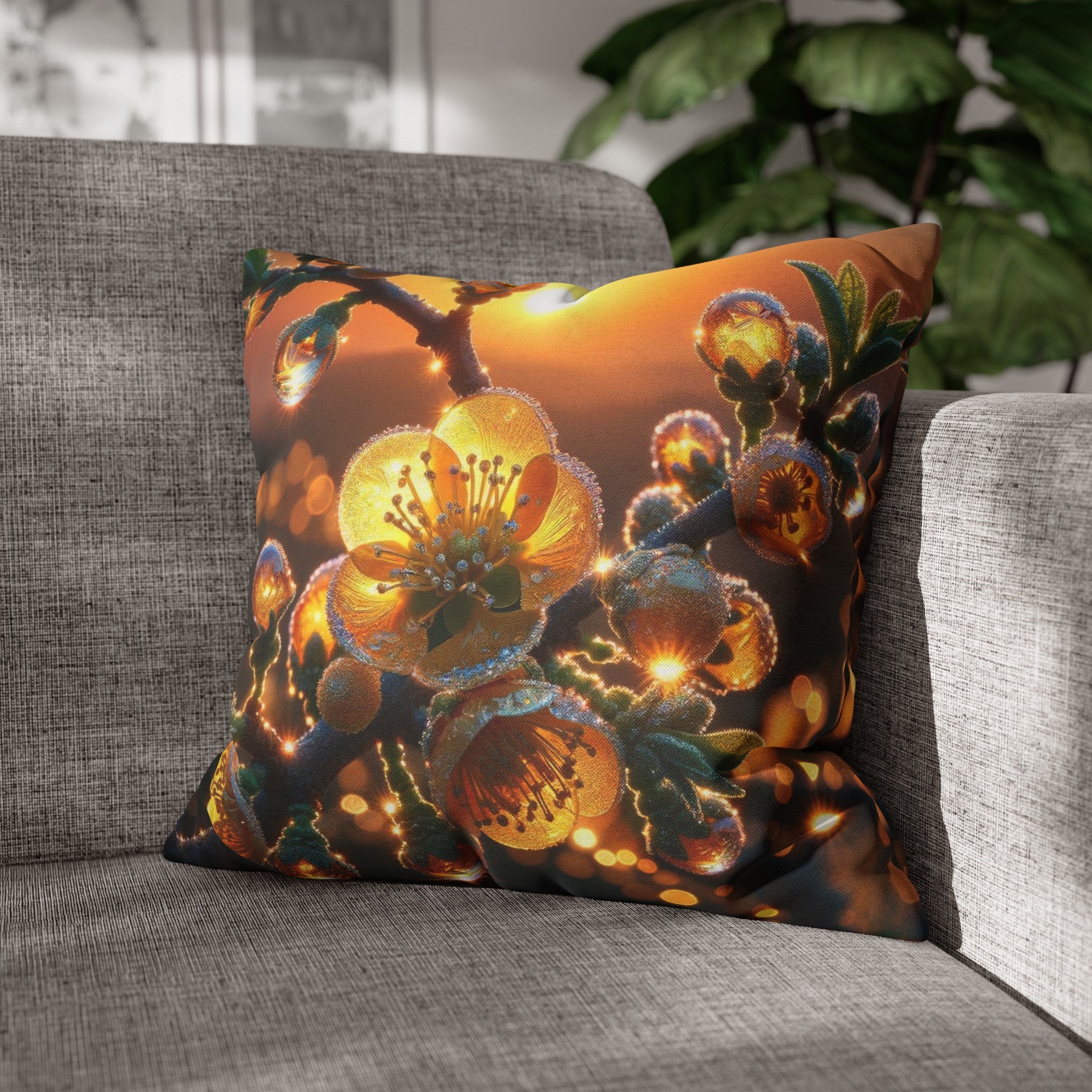 Yellow diamond flowers (2) - Polyester Square Pillowcase