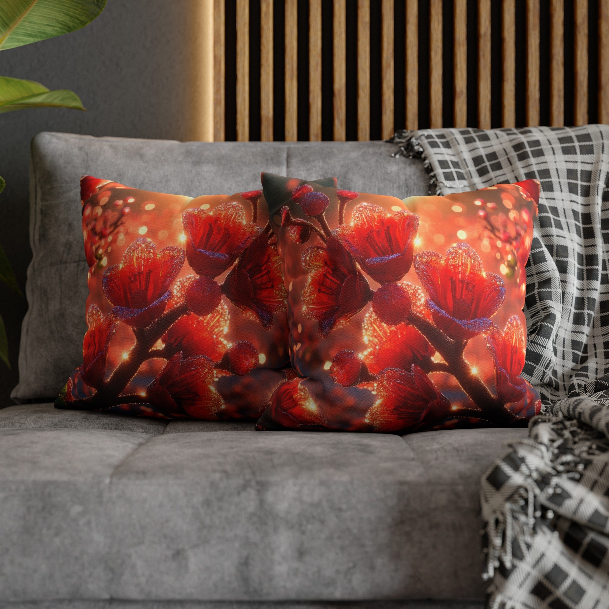 Red shiny flowers (1)  - Polyester Square Pillowcase