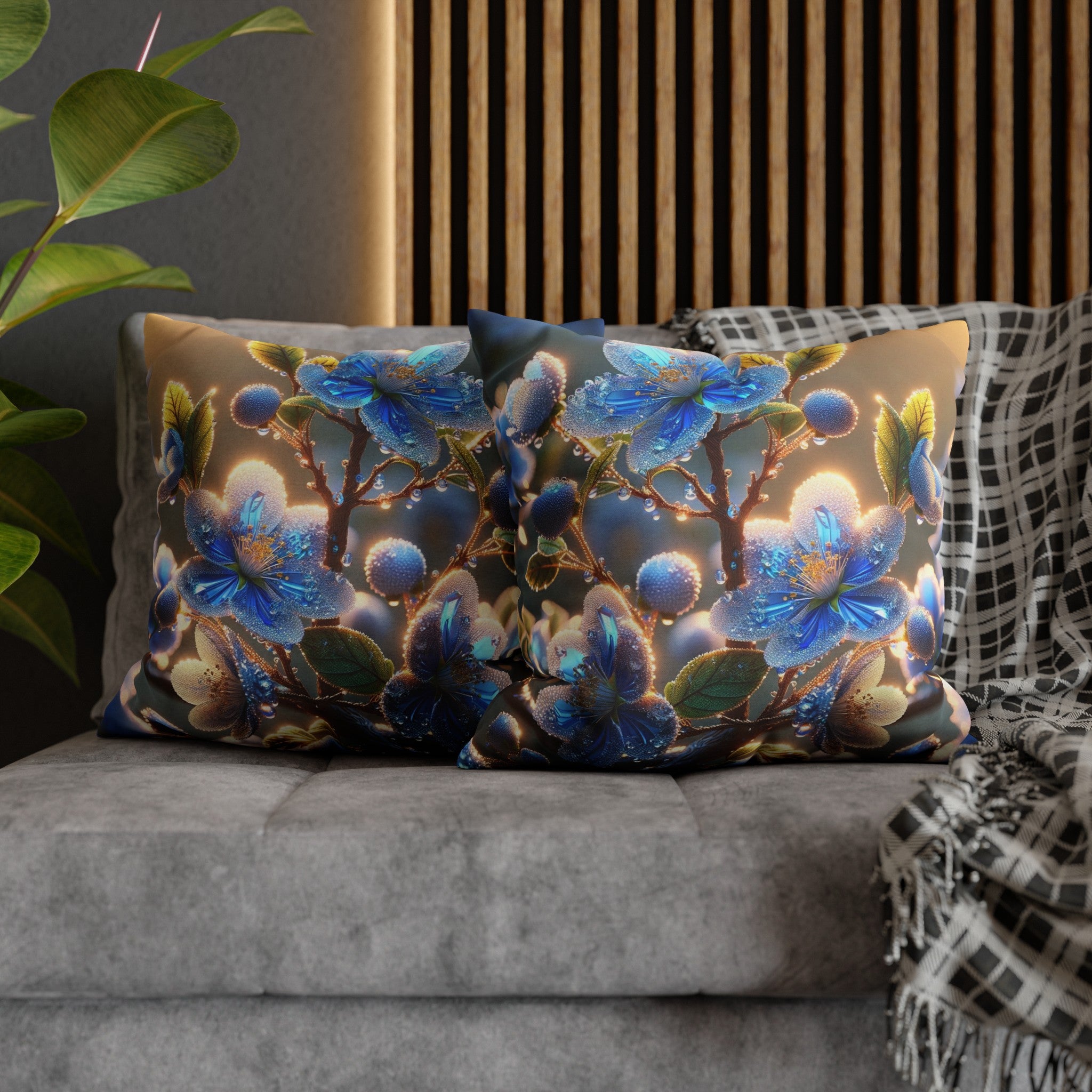 Blue, diamond flowers (2) - Polyester Square Pillowcase