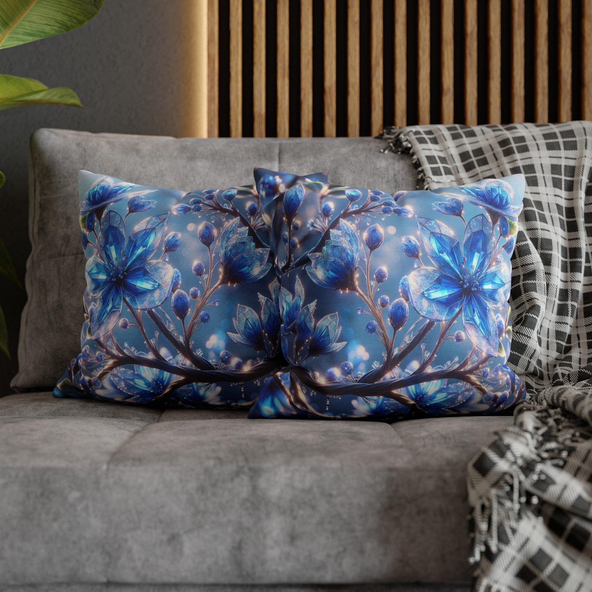 Blue, diamond flowers (5) - Polyester Square Pillowcase