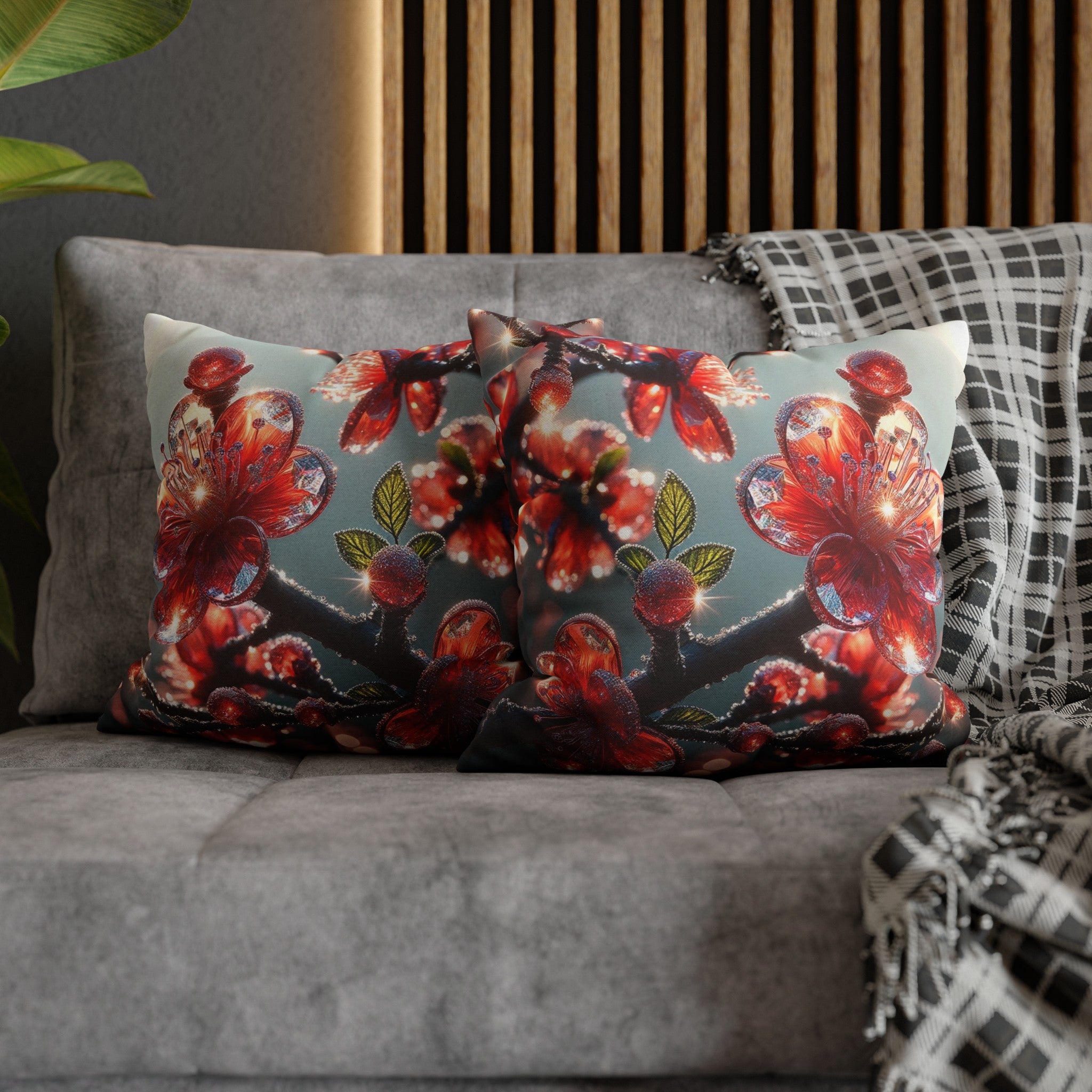 Red diamond flowers (1) - Polyester Square Pillowcase