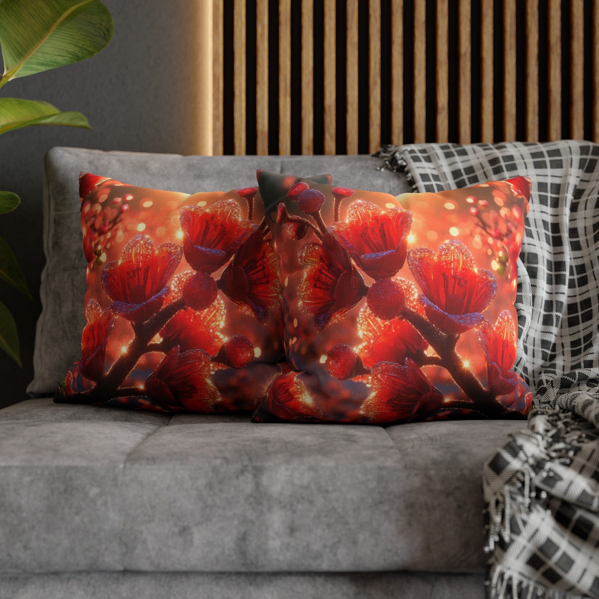 Red shiny flowers (1)  - Polyester Square Pillowcase