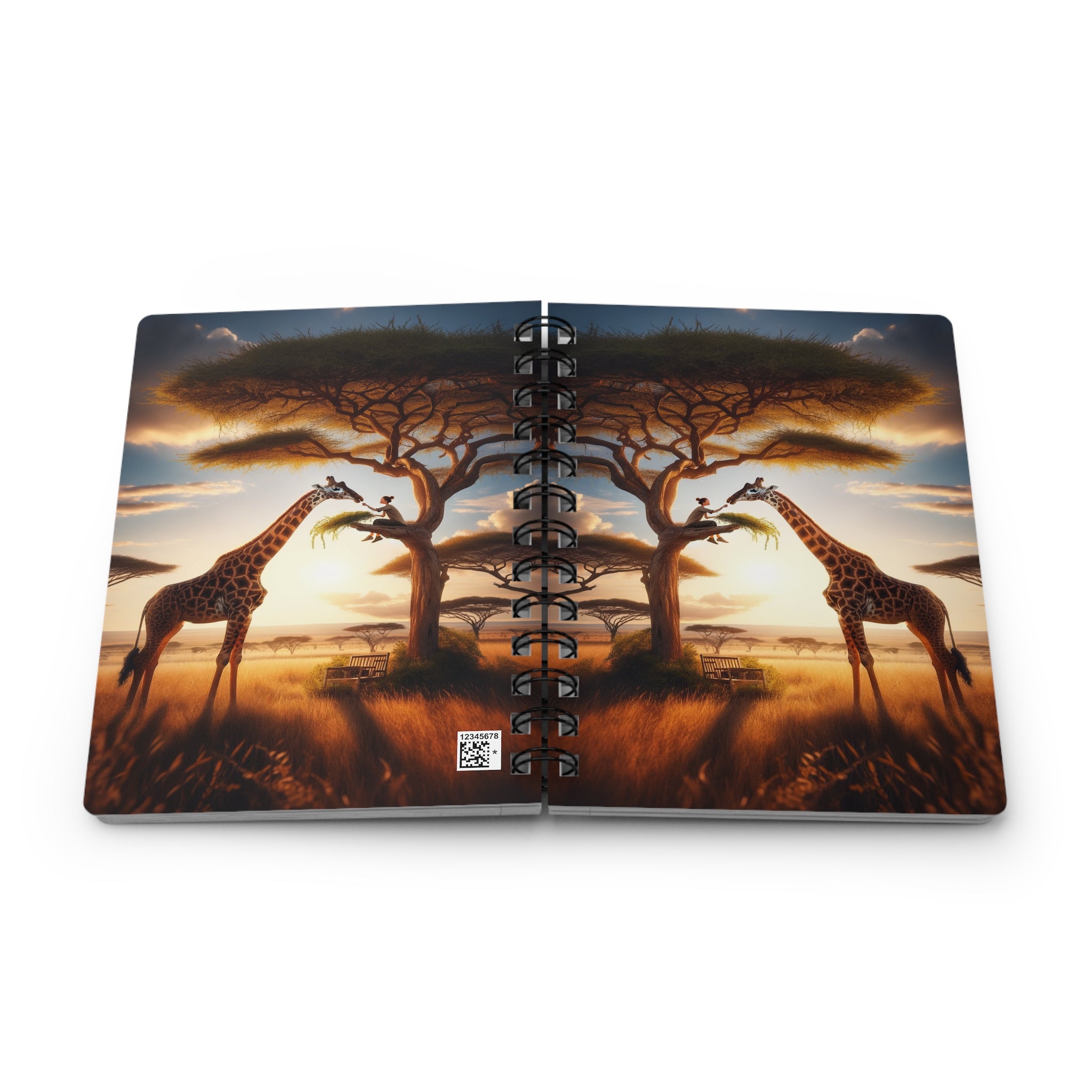 Girl feeding a giraffe from a tree - Spiral Notebook