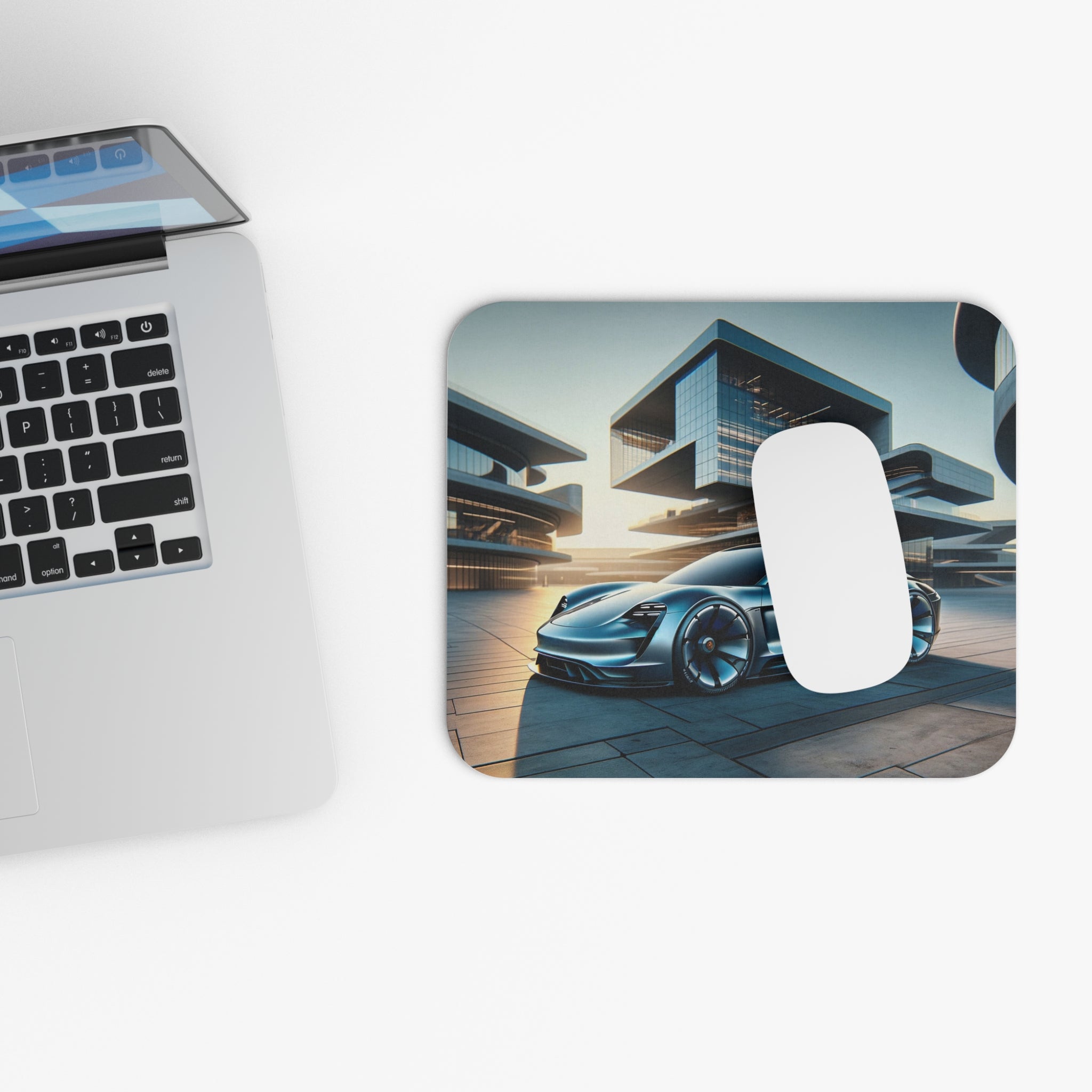 Blue car in front of buildings - Mouse Pad (Rectangle)