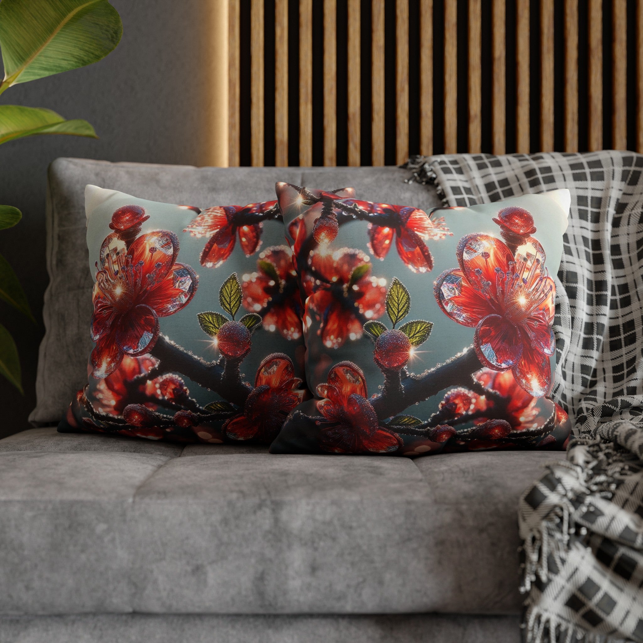 Red diamond flowers (1) - Polyester Square Pillowcase