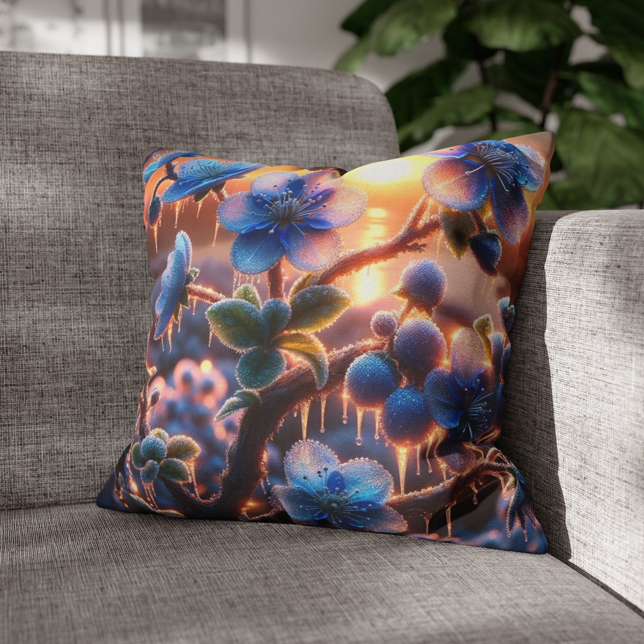 Blue, diamond flowers (1) - Polyester Square Pillowcase