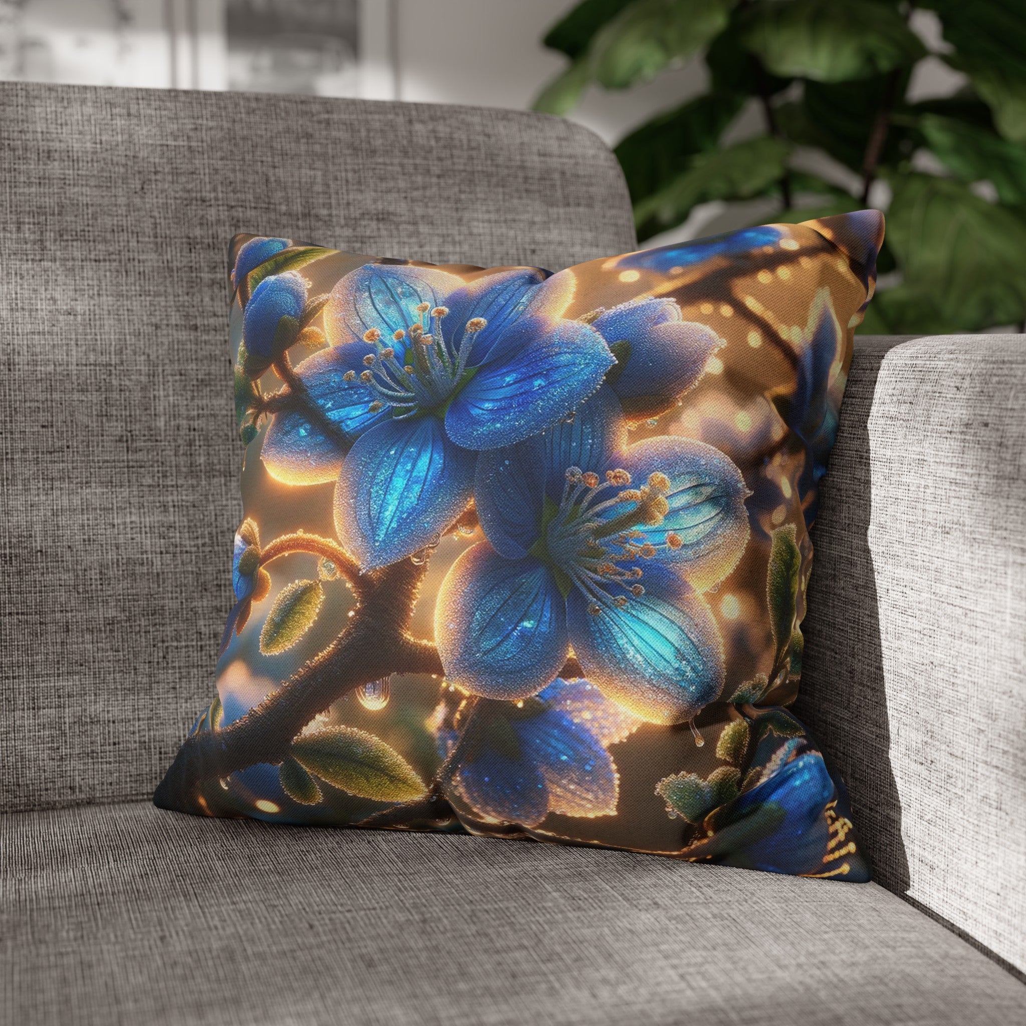 Blue, diamond flowers (3) - Polyester Square Pillowcase