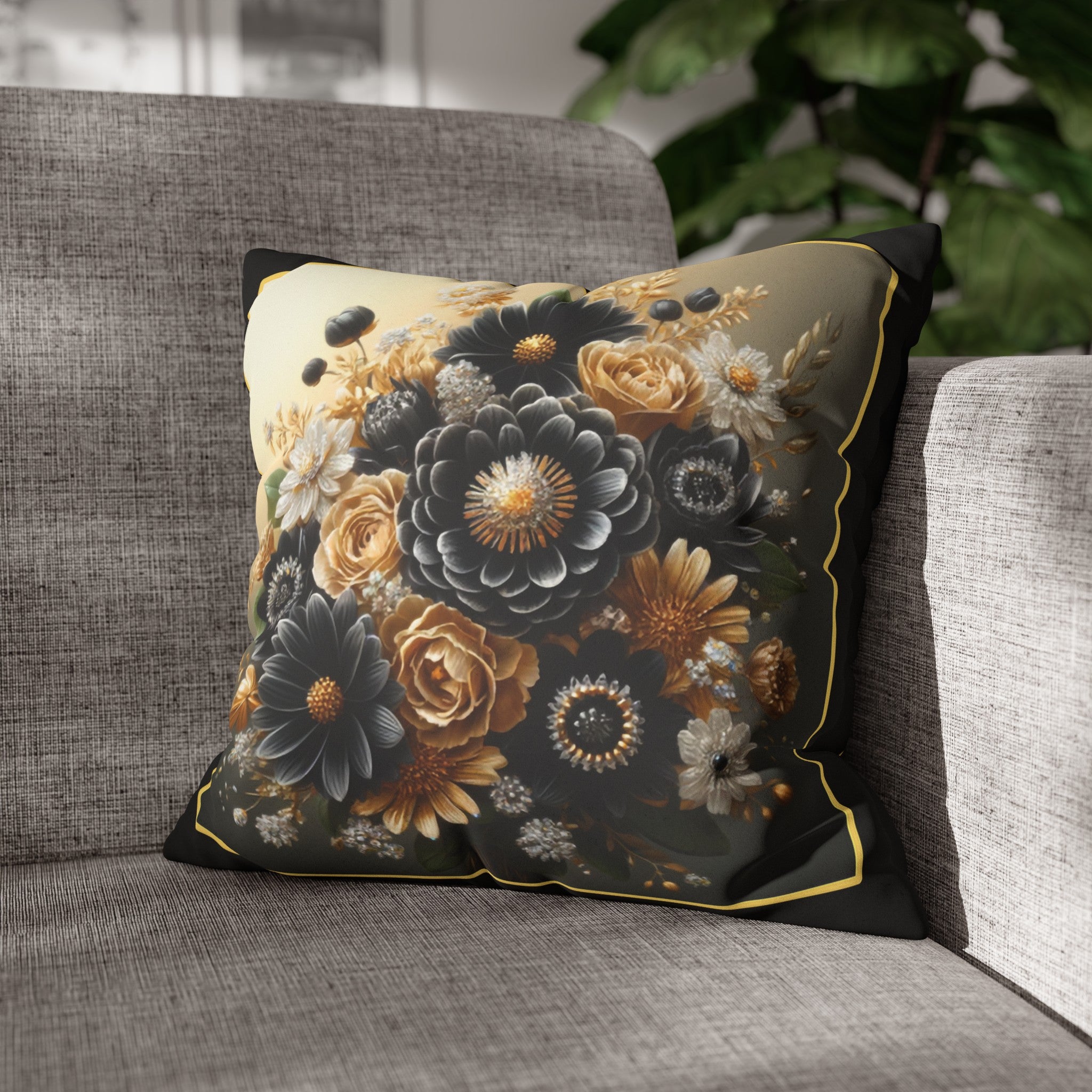 Black and golden Bouquet 1 - Suede Square Pillowcase