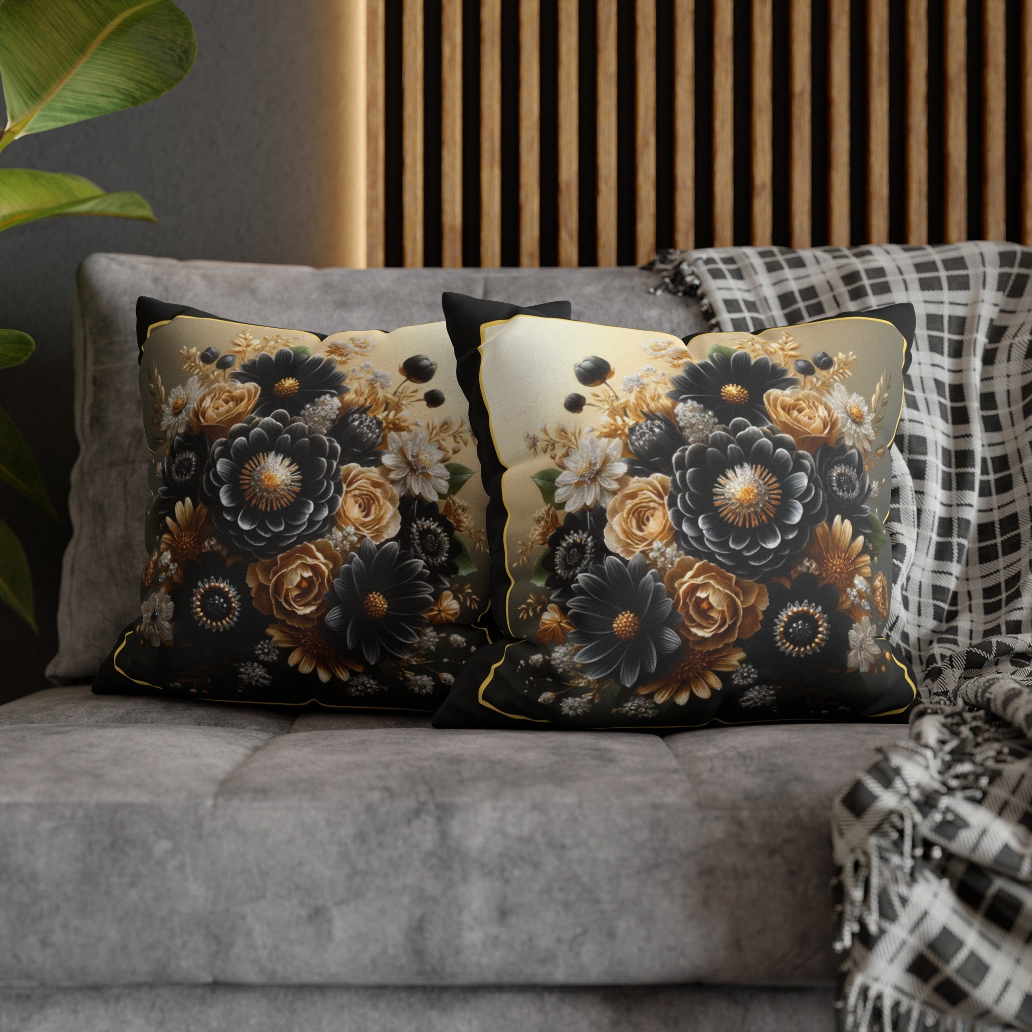 Black-Golden Bouquet (1) - Polyester Square Pillowcase