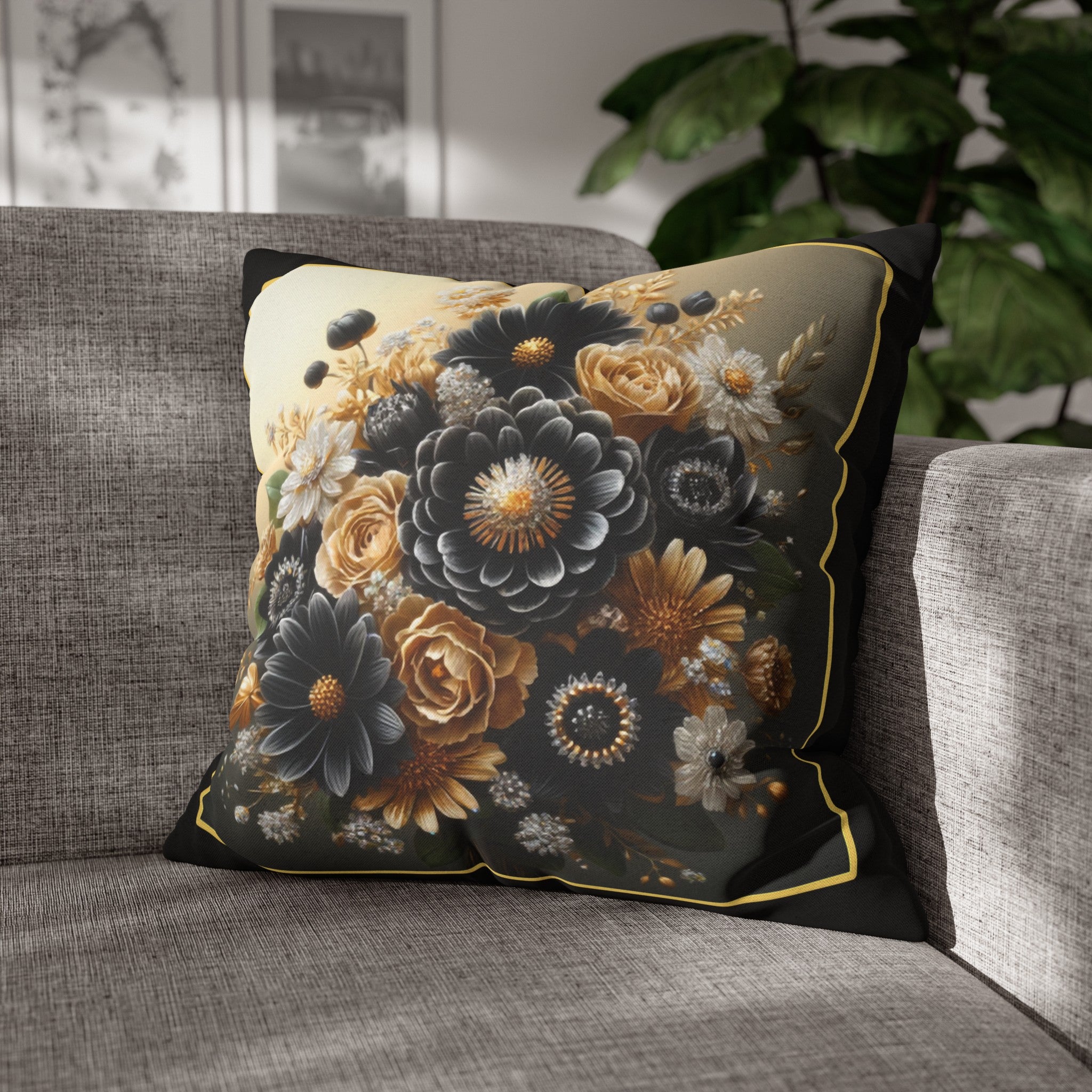 Black-Golden Bouquet (1) - Polyester Square Pillowcase