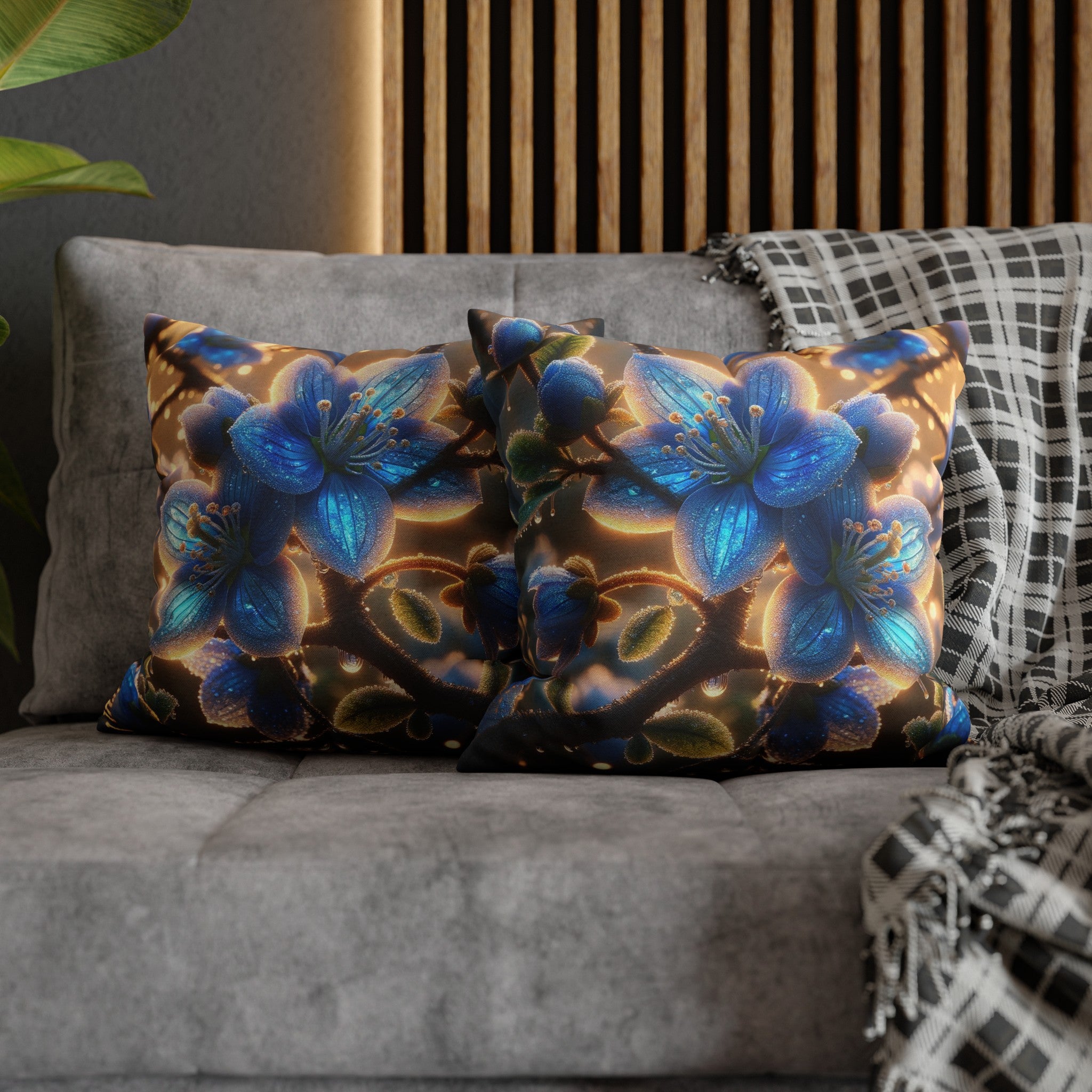 Blue, diamond flowers (3) - Polyester Square Pillowcase