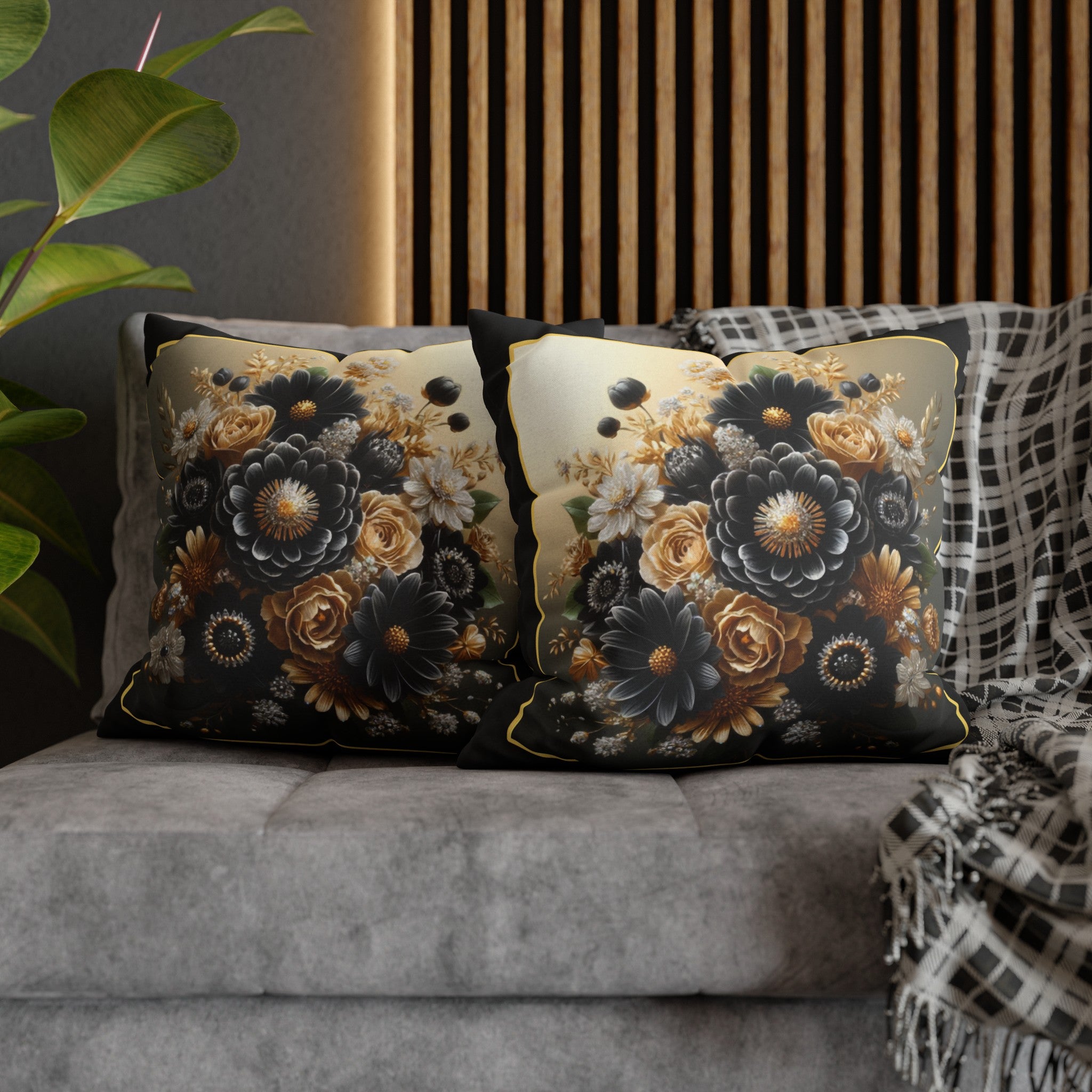 Black-Golden Bouquet (1) - Polyester Square Pillowcase