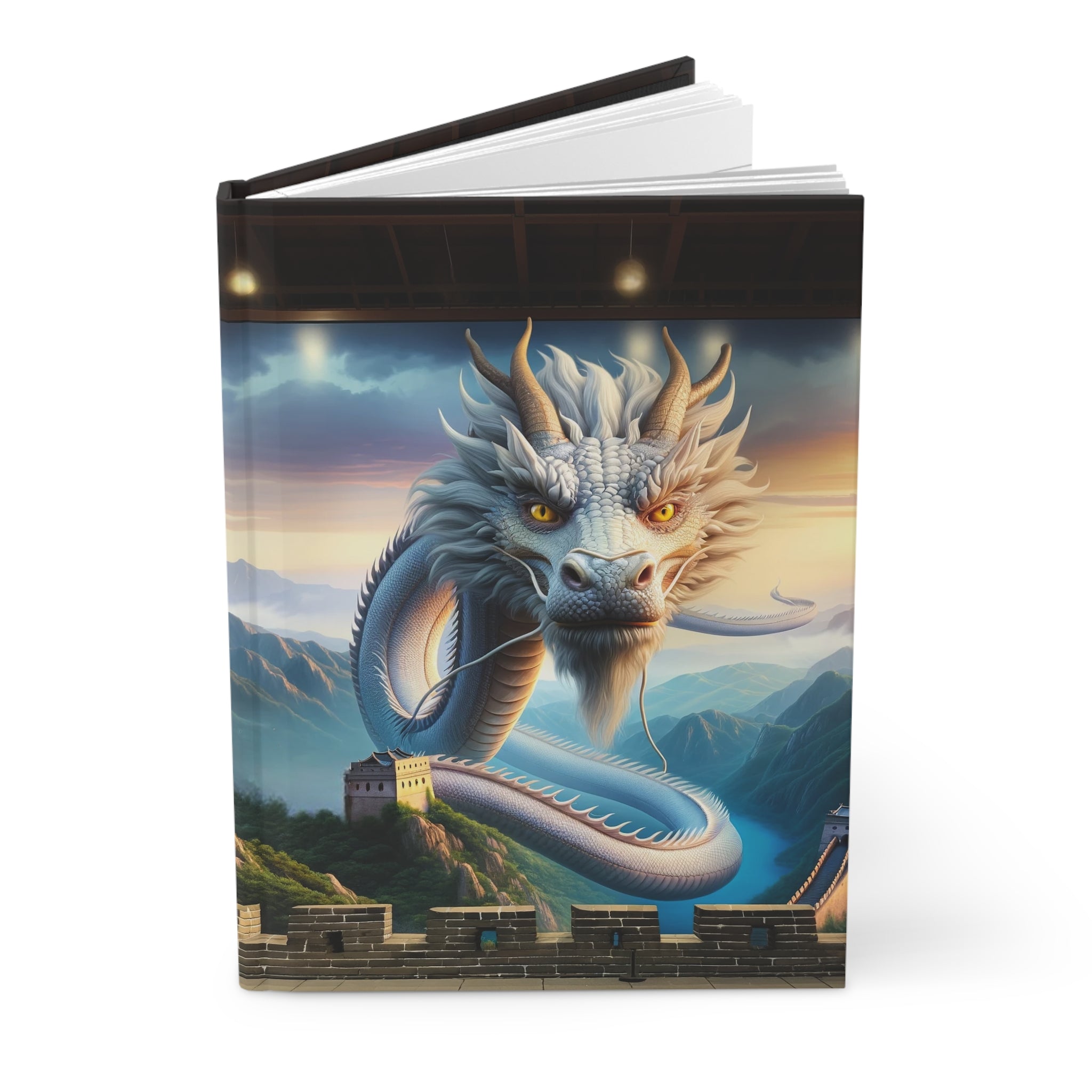 A curious, white, flying dragon - Hardcover Notebook