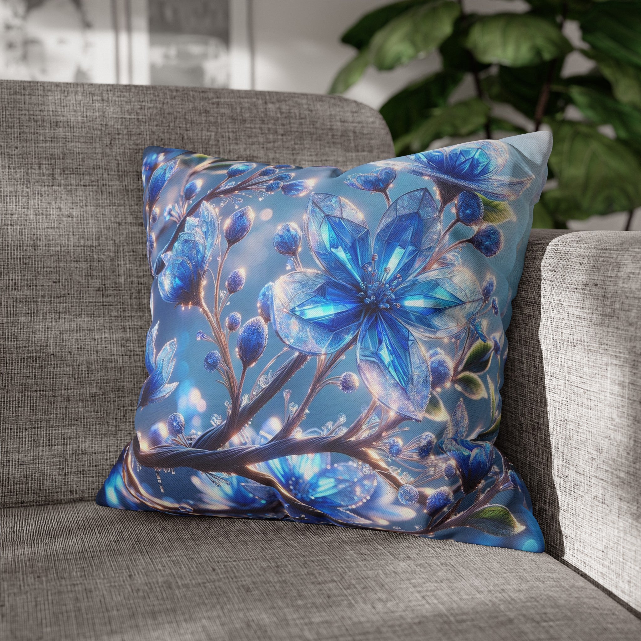 Blue, diamond flowers (5) - Polyester Square Pillowcase