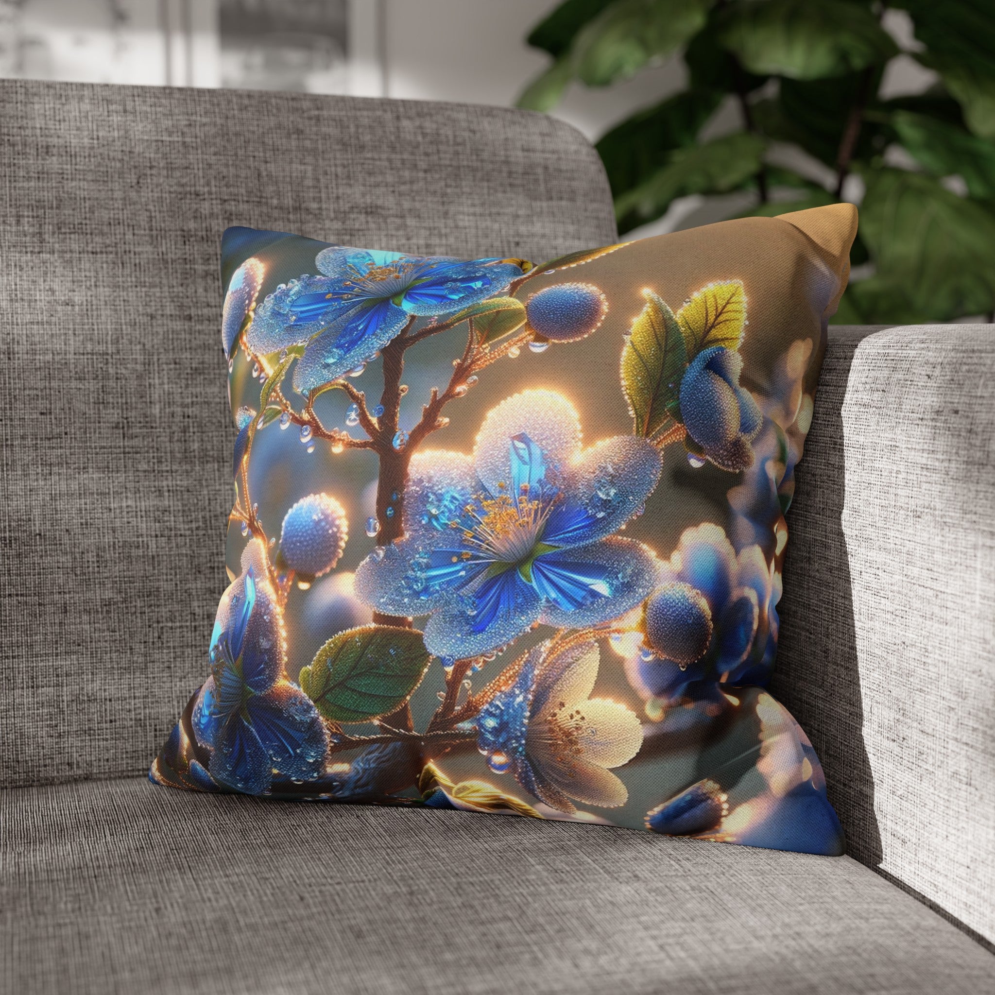 Blue, diamond flowers (2) - Polyester Square Pillowcase