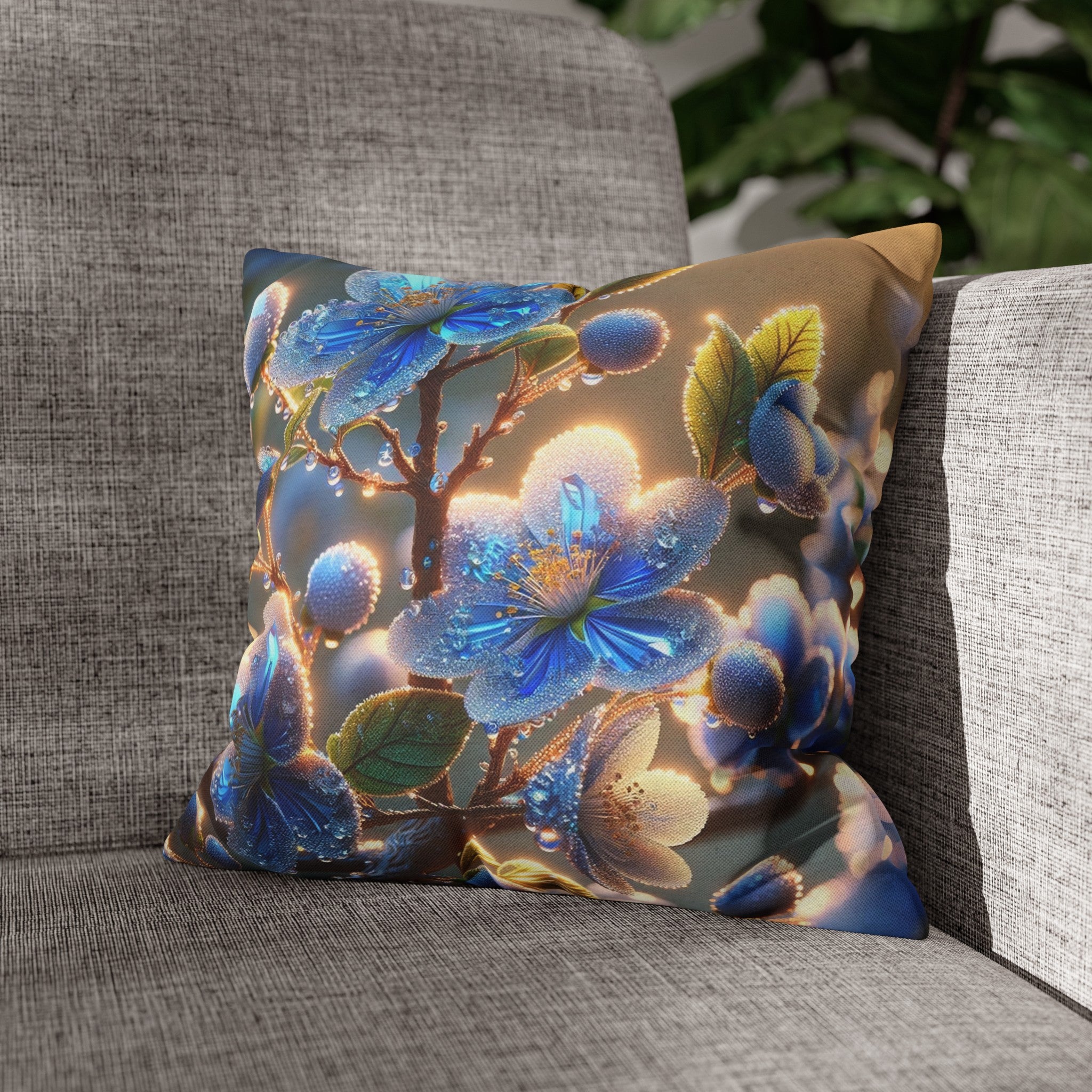 Blue, diamond flowers (2) - Polyester Square Pillowcase