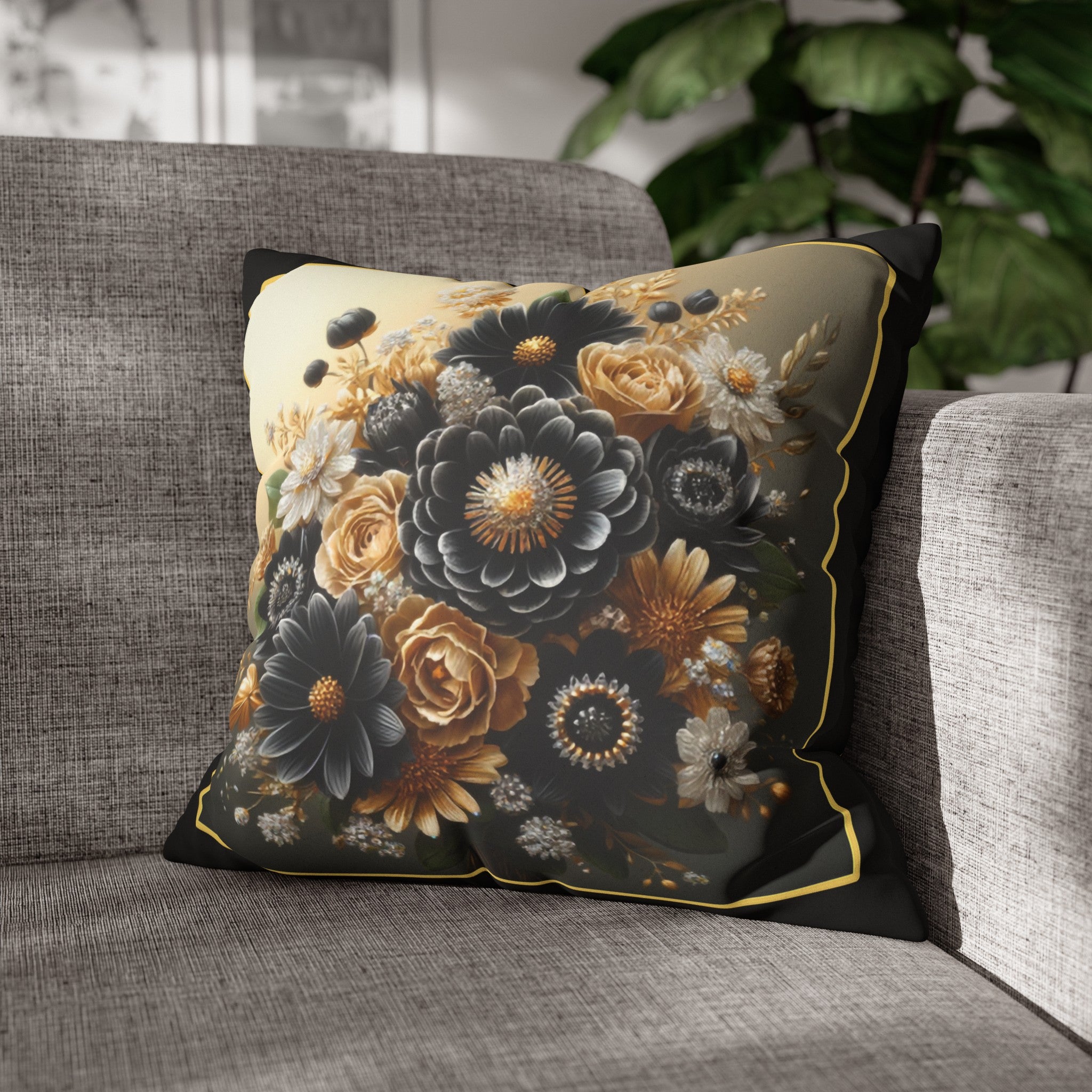 Black and golden Bouquet 1 - Suede Square Pillowcase