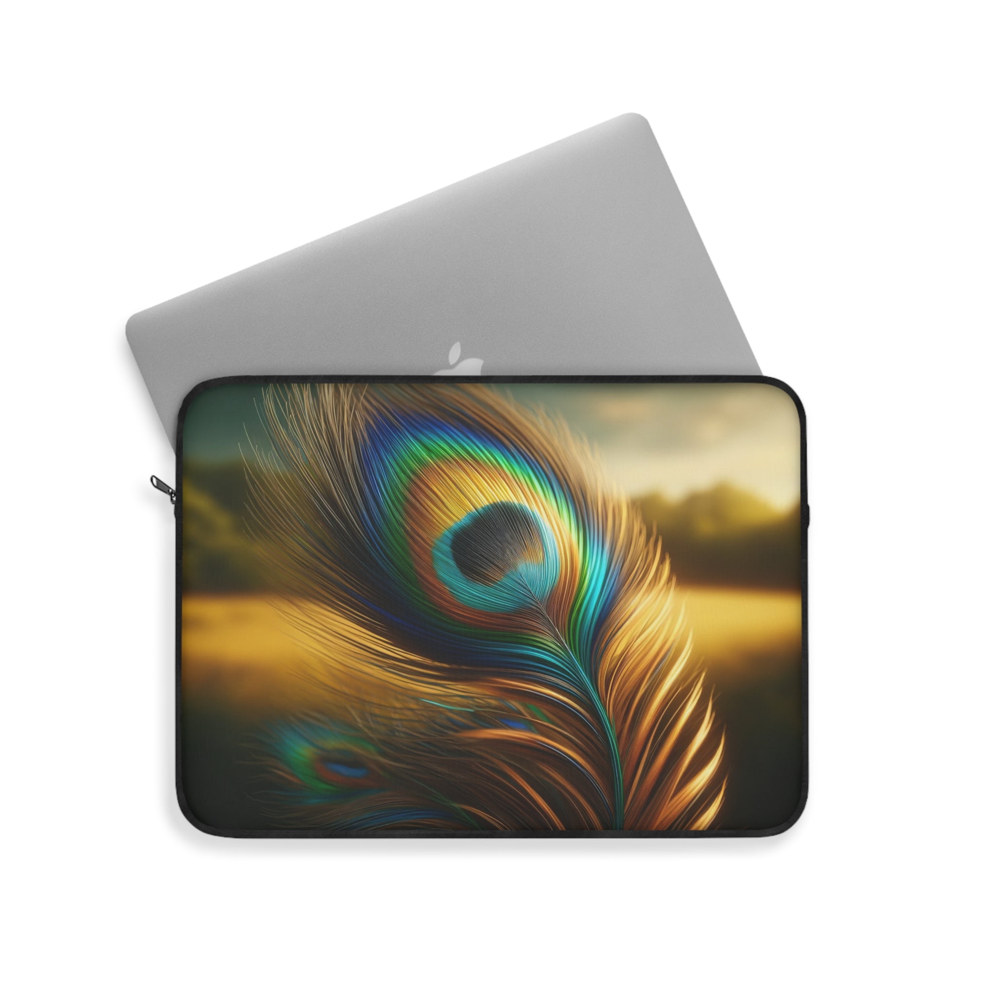 A golden-green peacock feather in the field - Laptop Sleeve