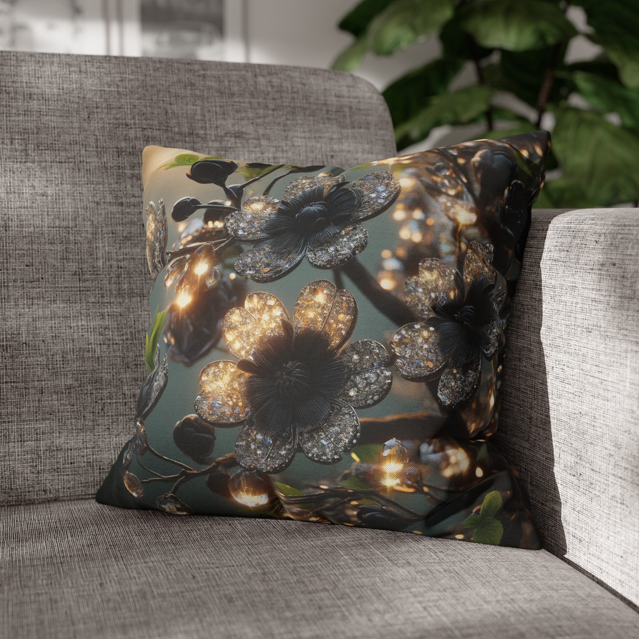 Black, diamond flowers (1) - Polyester Square Pillowcase