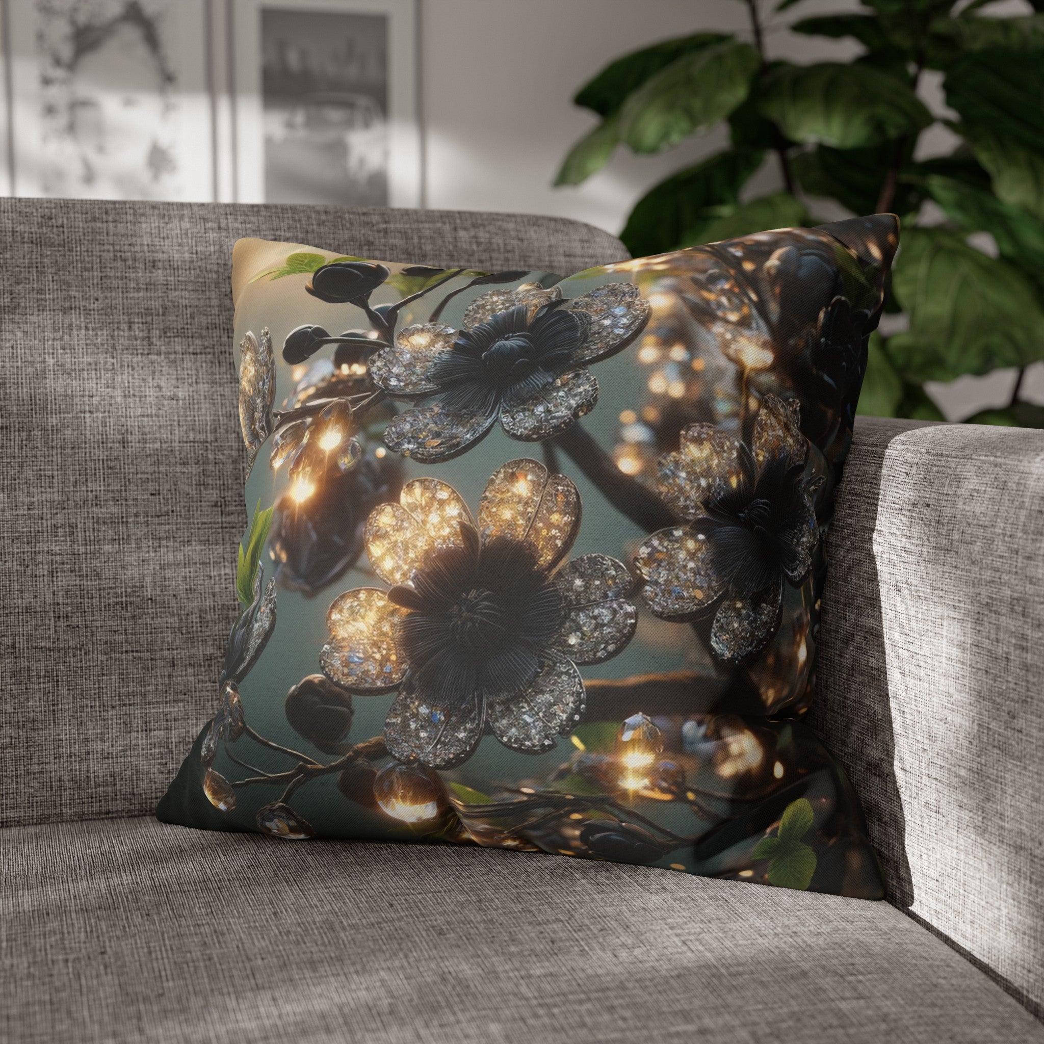 Black, diamond flowers (1) - Polyester Square Pillowcase