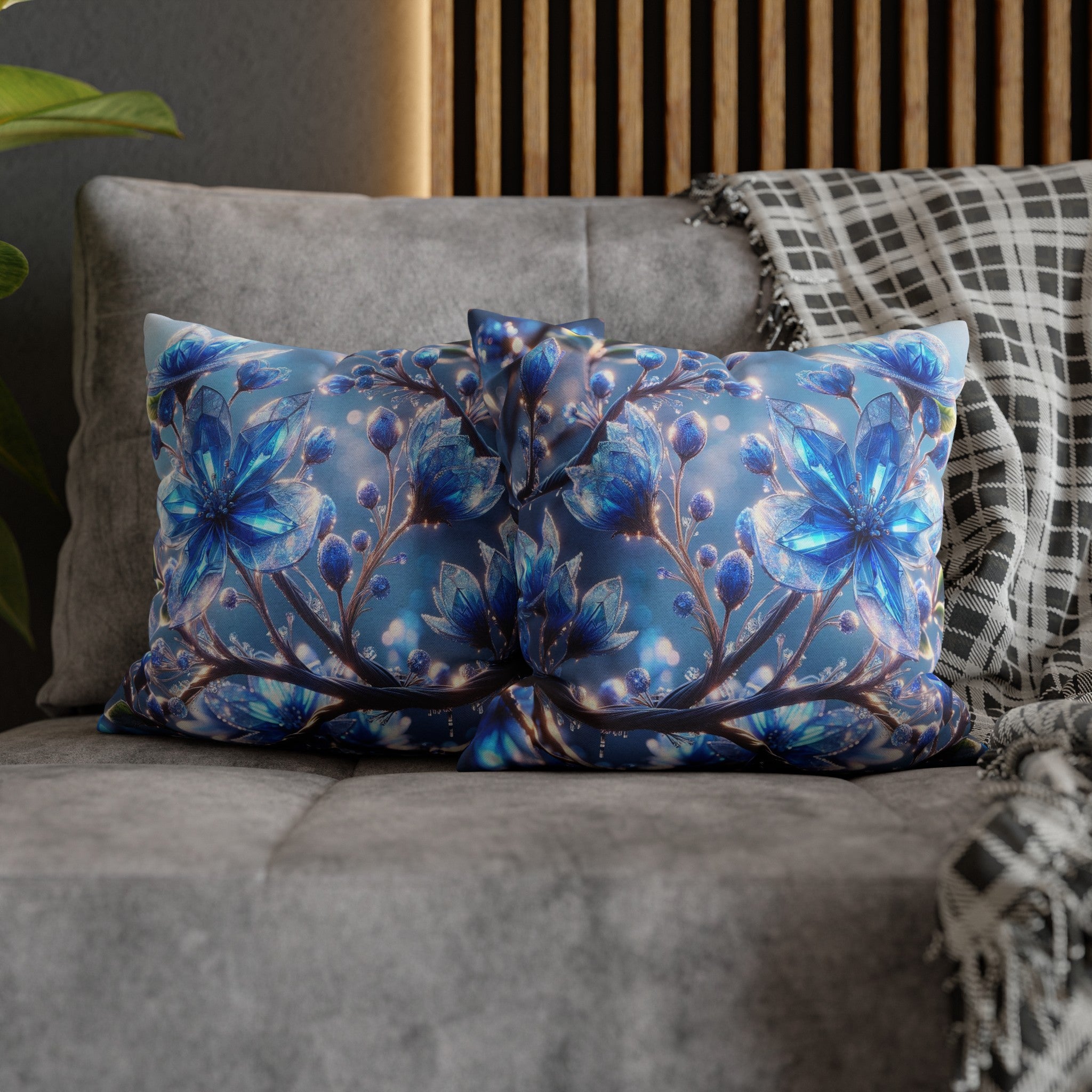 Blue, diamond flowers (5) - Polyester Square Pillowcase