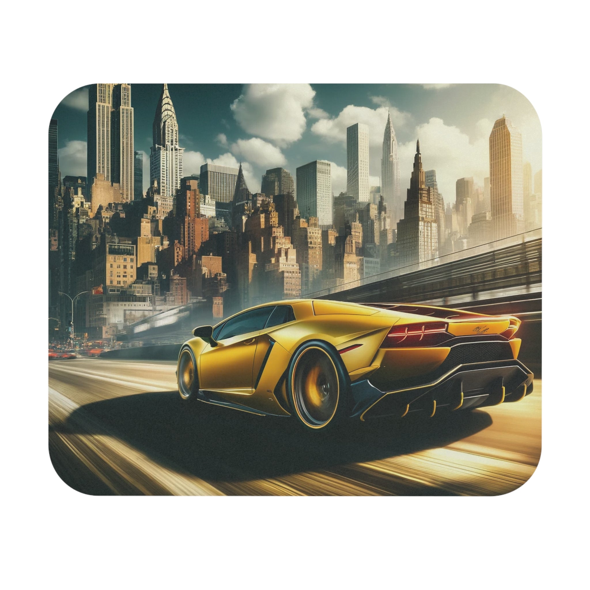 A yellow, Lamborghini-inspired car driving into the city - Mouse Pad (Rectangle)