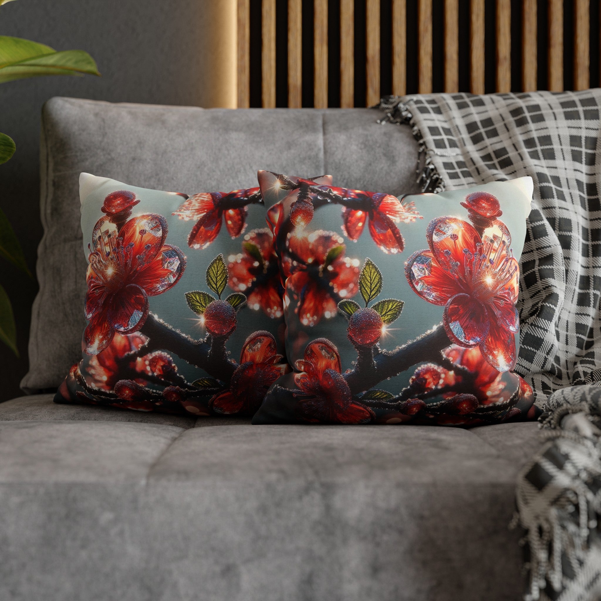 Red diamond flowers (1) - Polyester Square Pillowcase