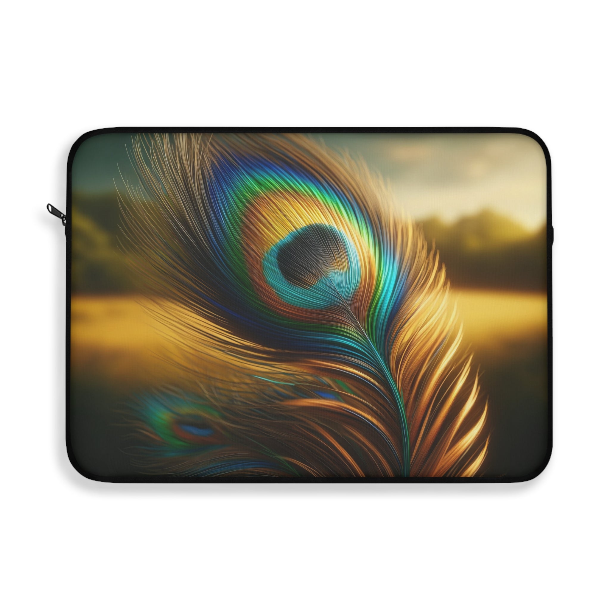 A golden-green peacock feather in the field - Laptop Sleeve