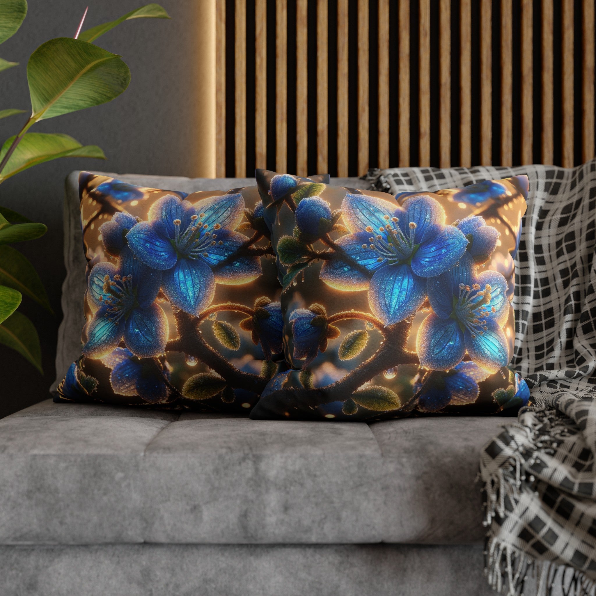 Blue, diamond flowers (3) - Polyester Square Pillowcase