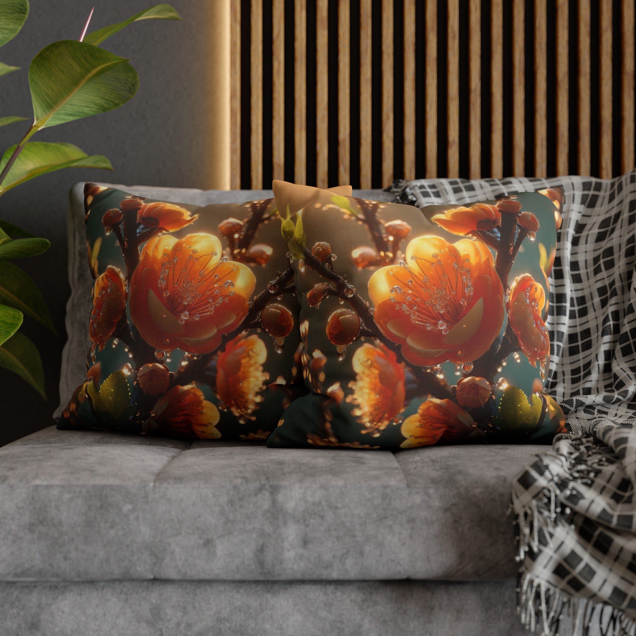 Orange diamond flowers (2) - Polyester Square Pillowcase