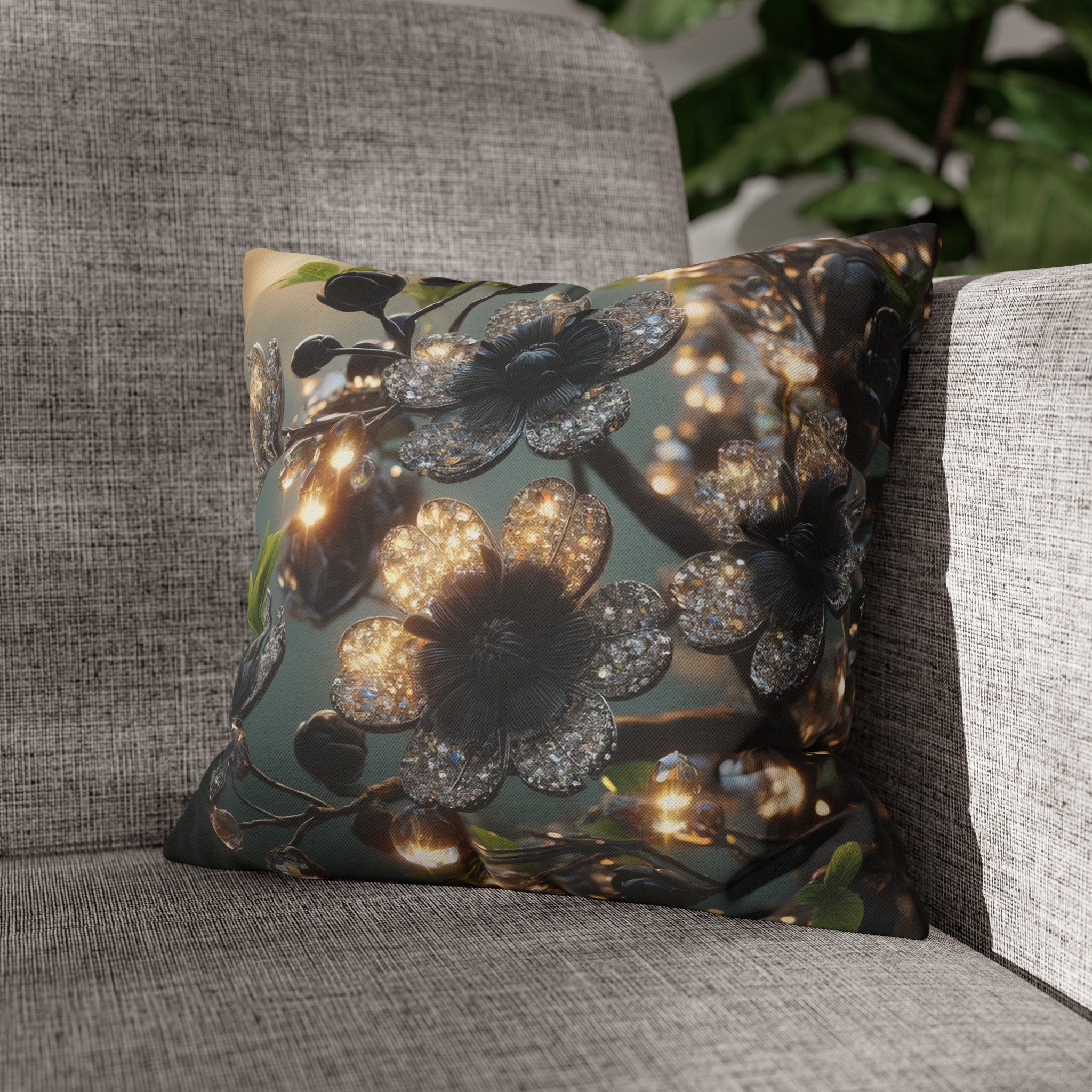 Black, diamond flowers (1) - Polyester Square Pillowcase