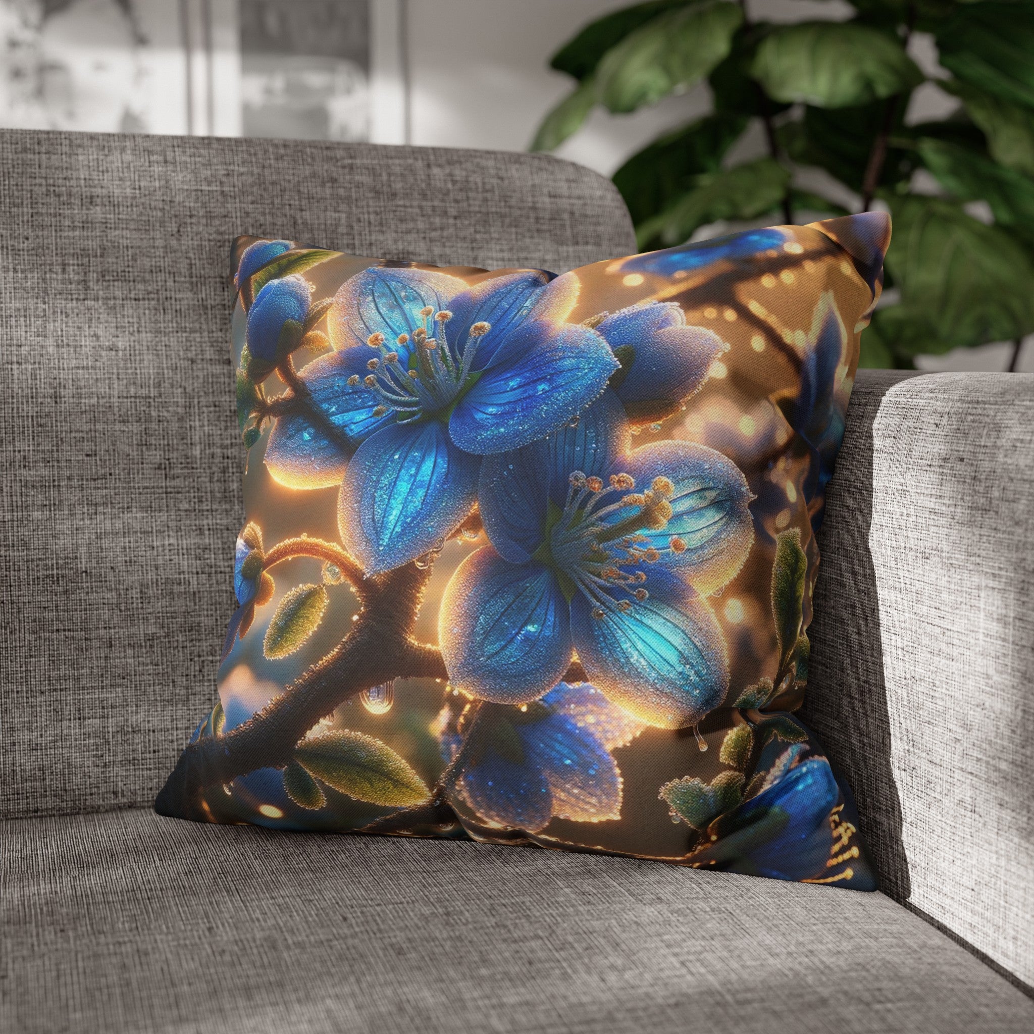 Blue, diamond flowers (3) - Polyester Square Pillowcase