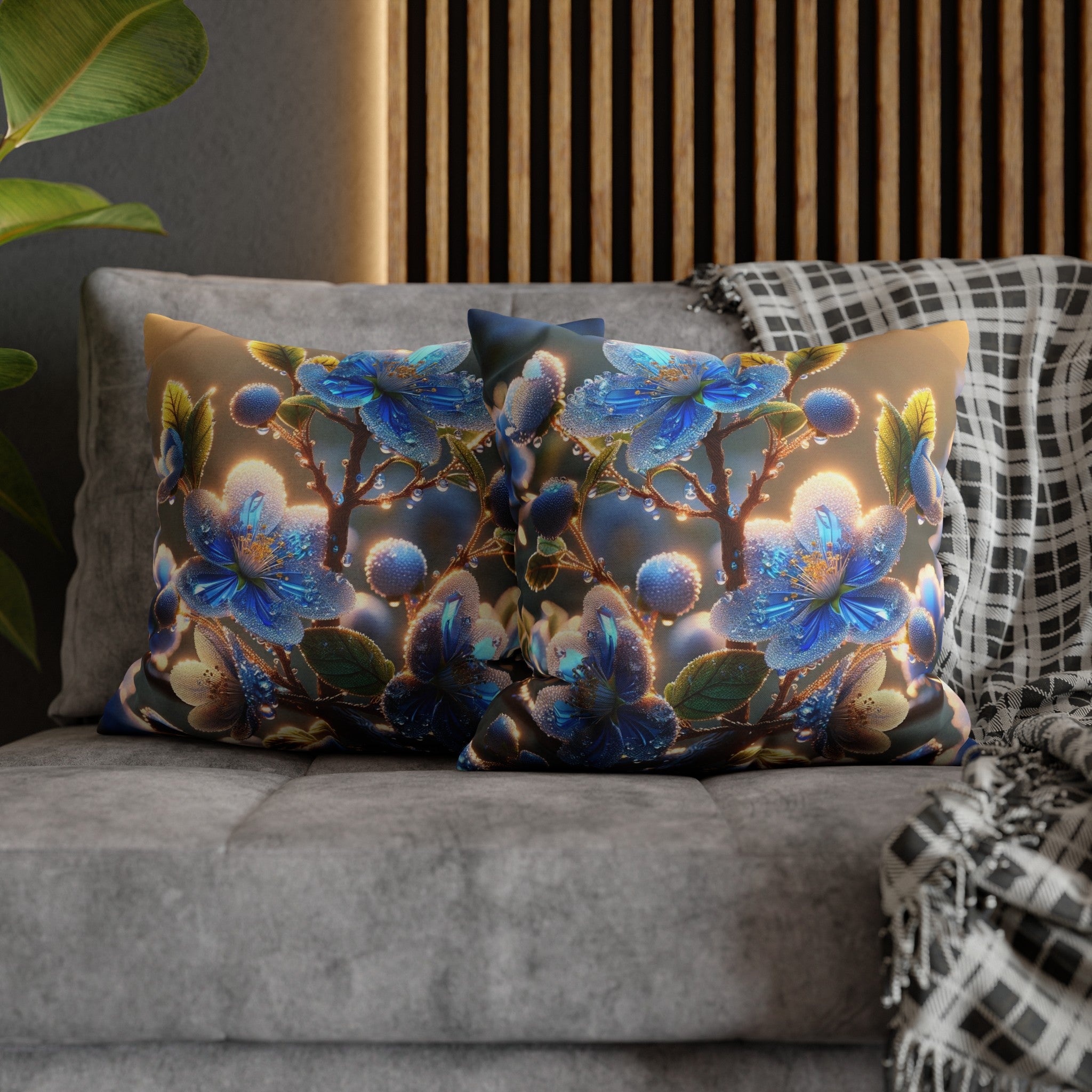 Blue, diamond flowers (2) - Polyester Square Pillowcase