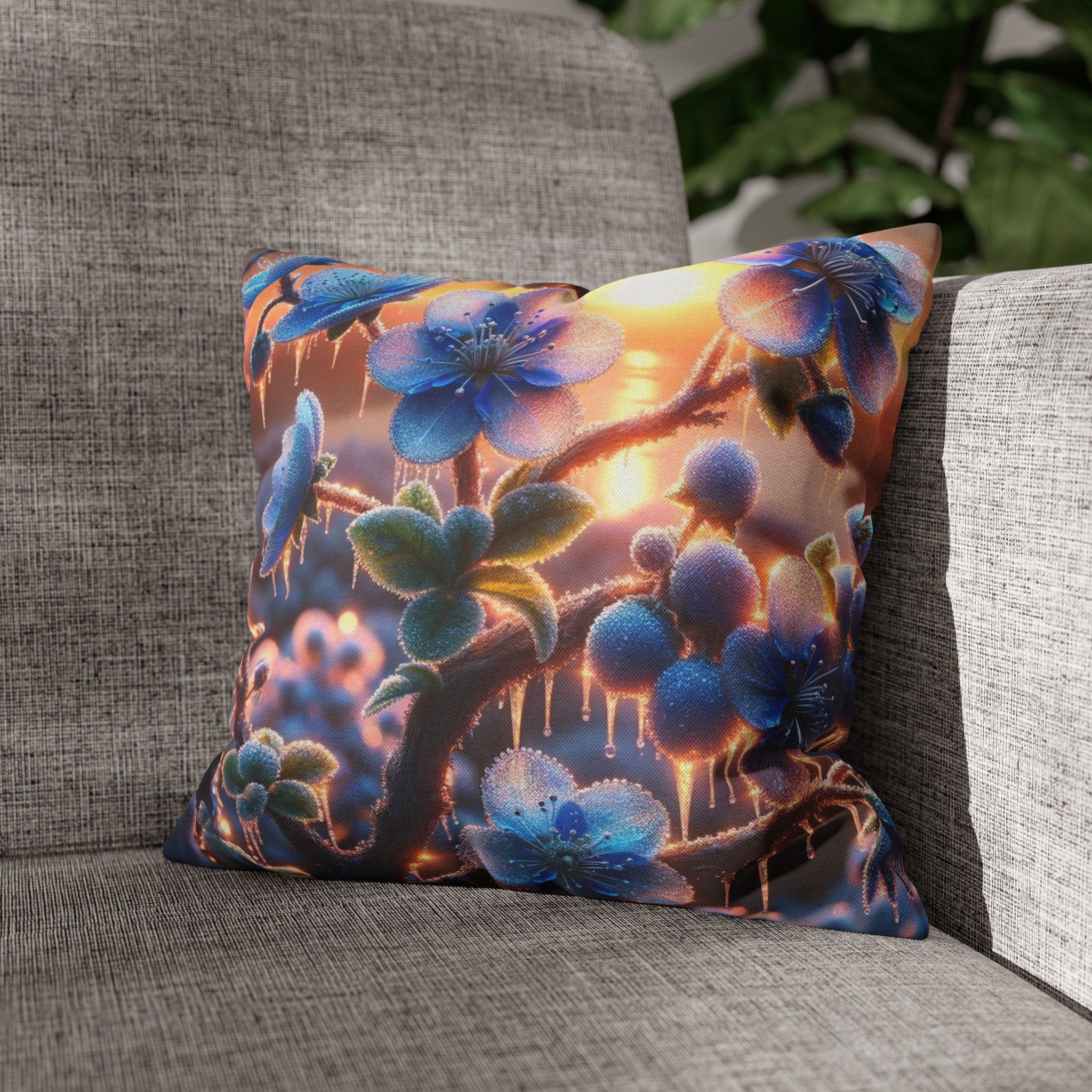 Blue, diamond flowers (1) - Polyester Square Pillowcase