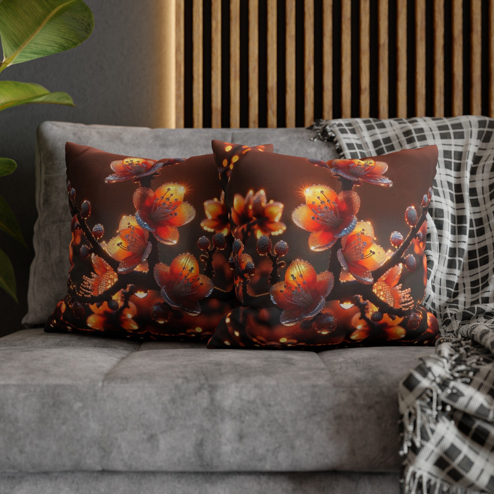 Orange diamond flowers (1) - Polyester Square Pillowcase