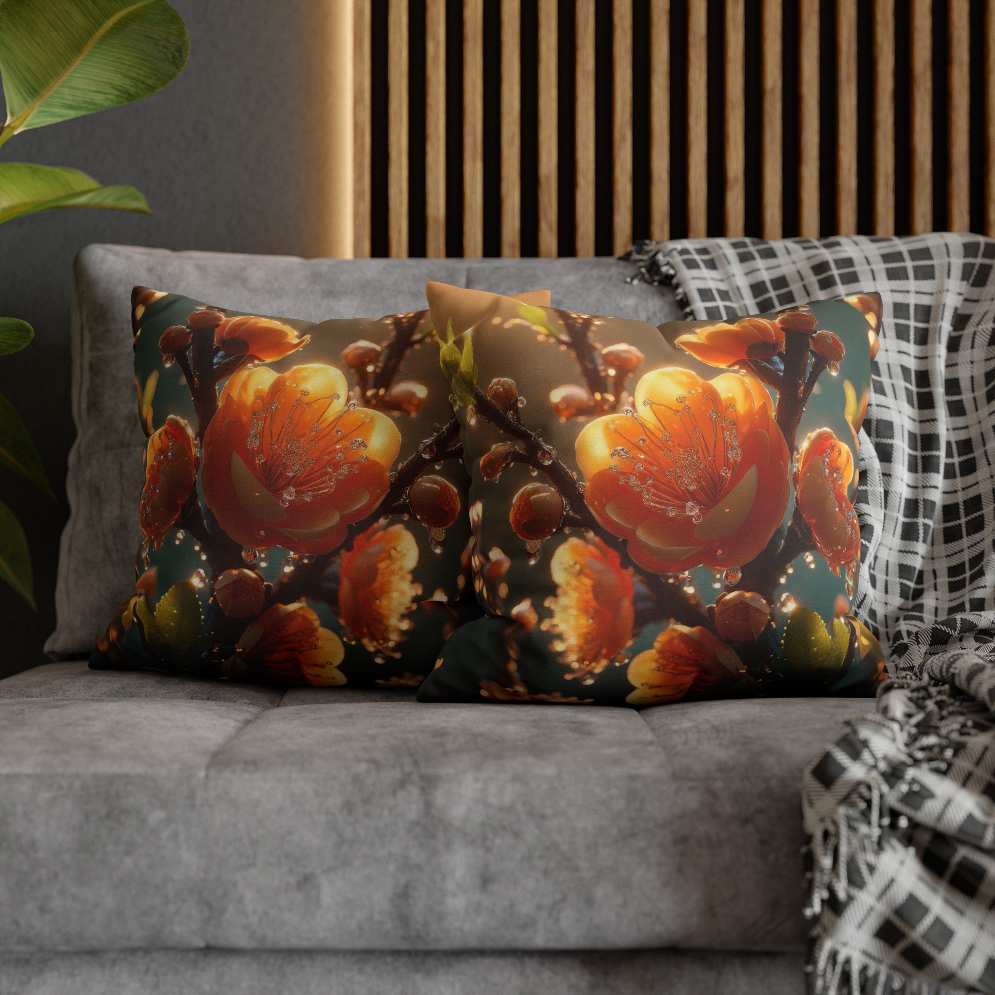 Orange diamond flowers (2) - Polyester Square Pillowcase