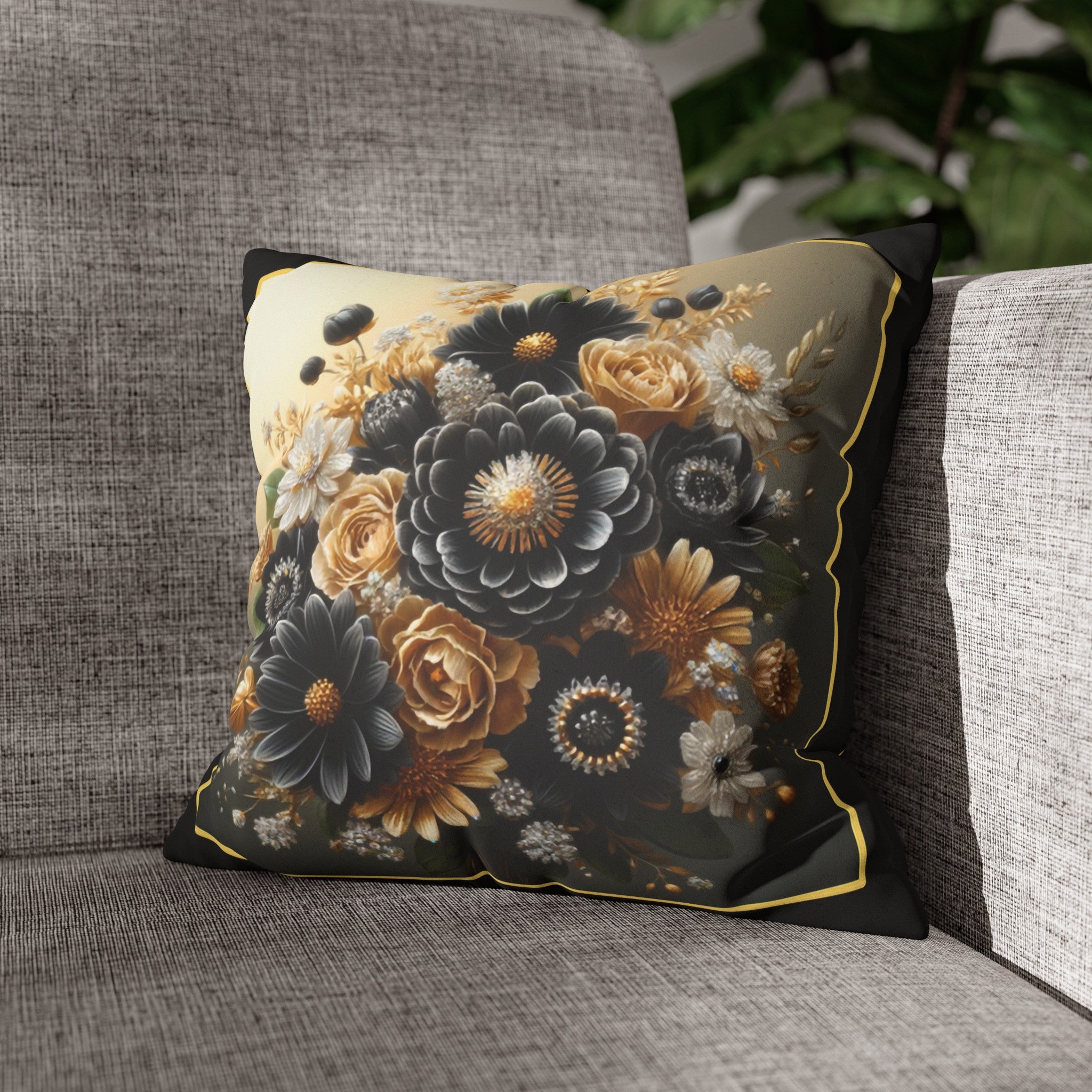 Black and golden Bouquet 1 - Suede Square Pillowcase