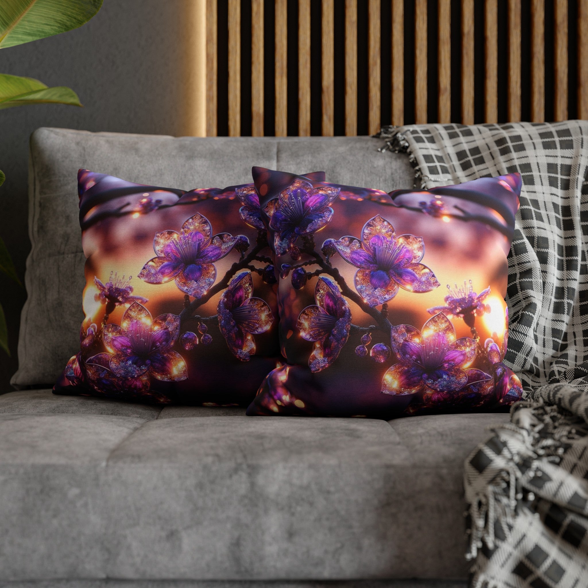 Purple diamond flowers (4) - Polyester Square Pillowcase