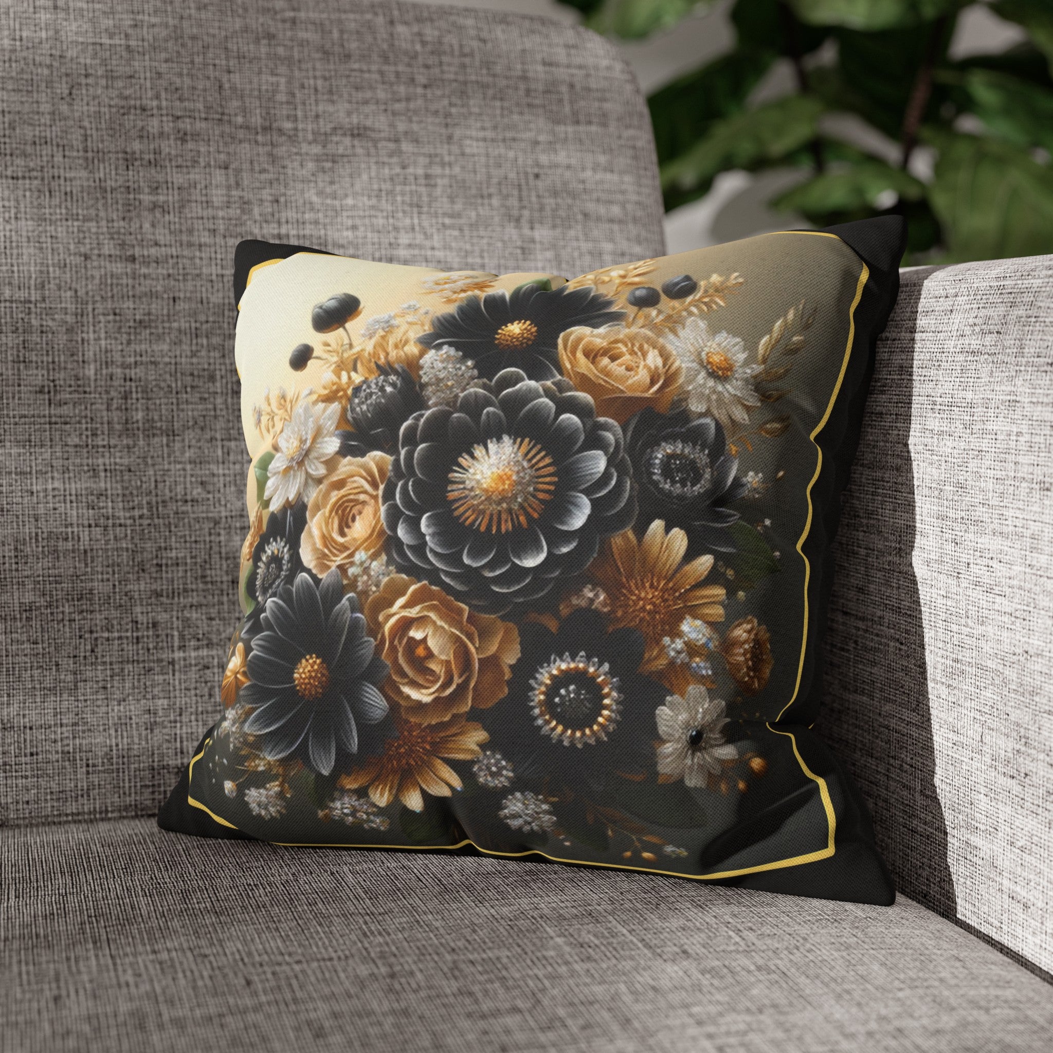 Black-Golden Bouquet (1) - Polyester Square Pillowcase