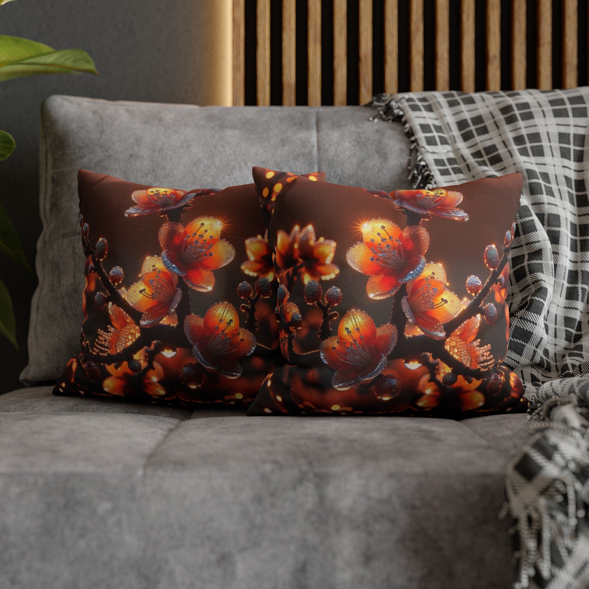 Orange diamond flowers (1) - Polyester Square Pillowcase