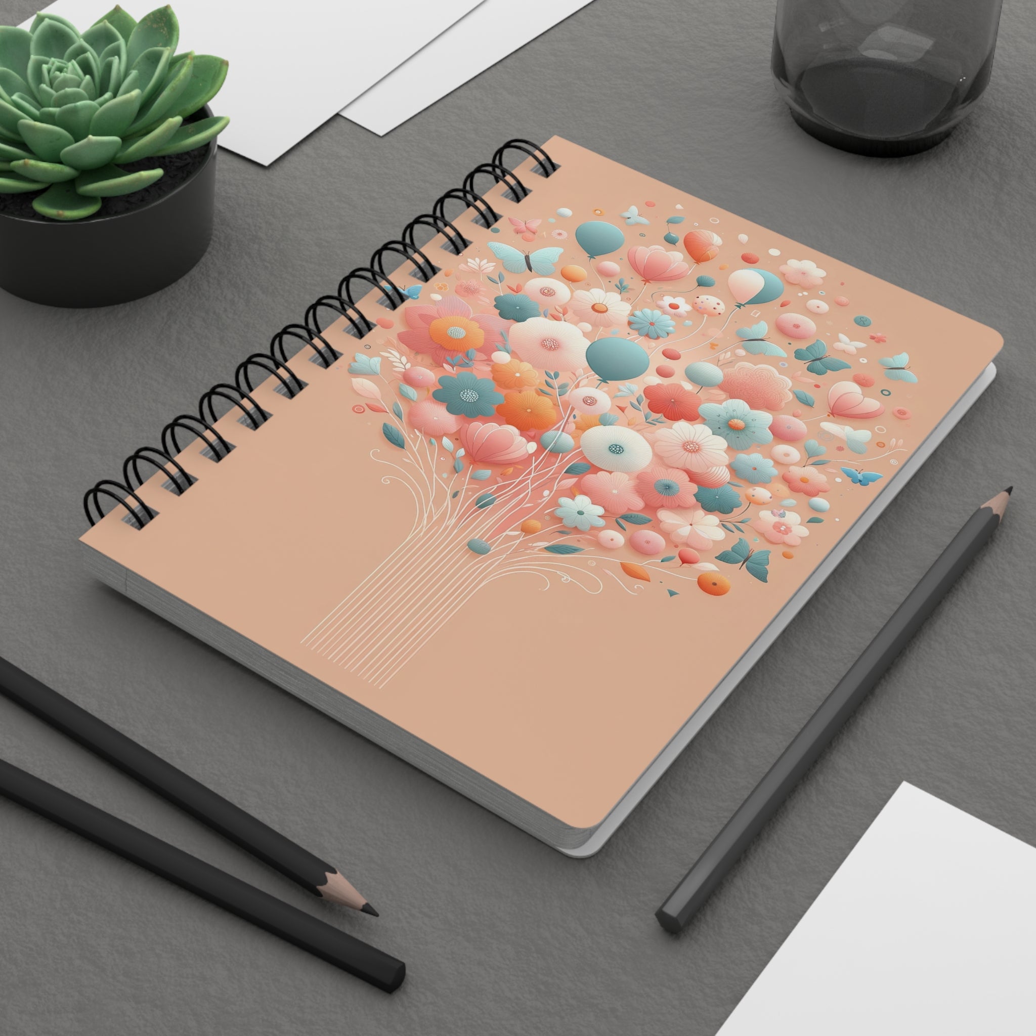 Bouquet of balloons, butterflies and flowers - Spiral Notebook