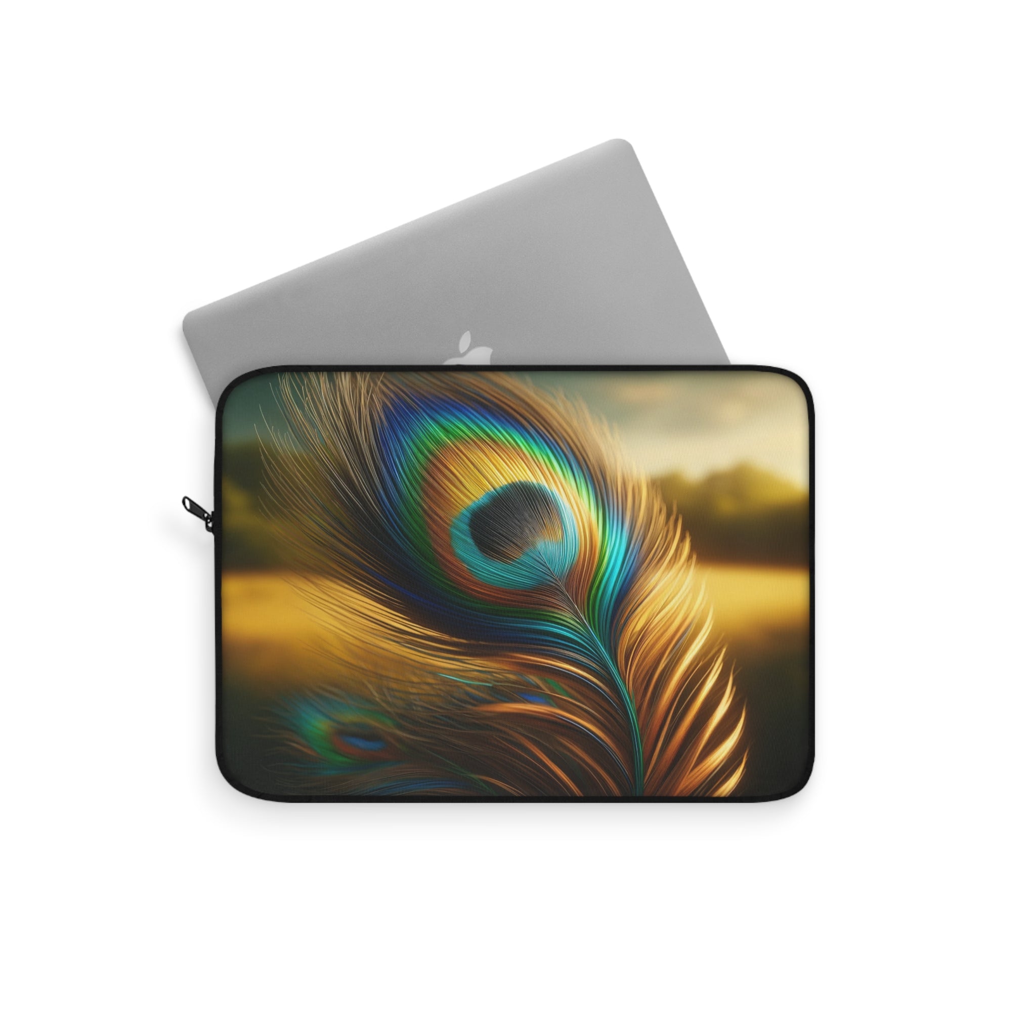 A golden-green peacock feather in the field - Laptop Sleeve