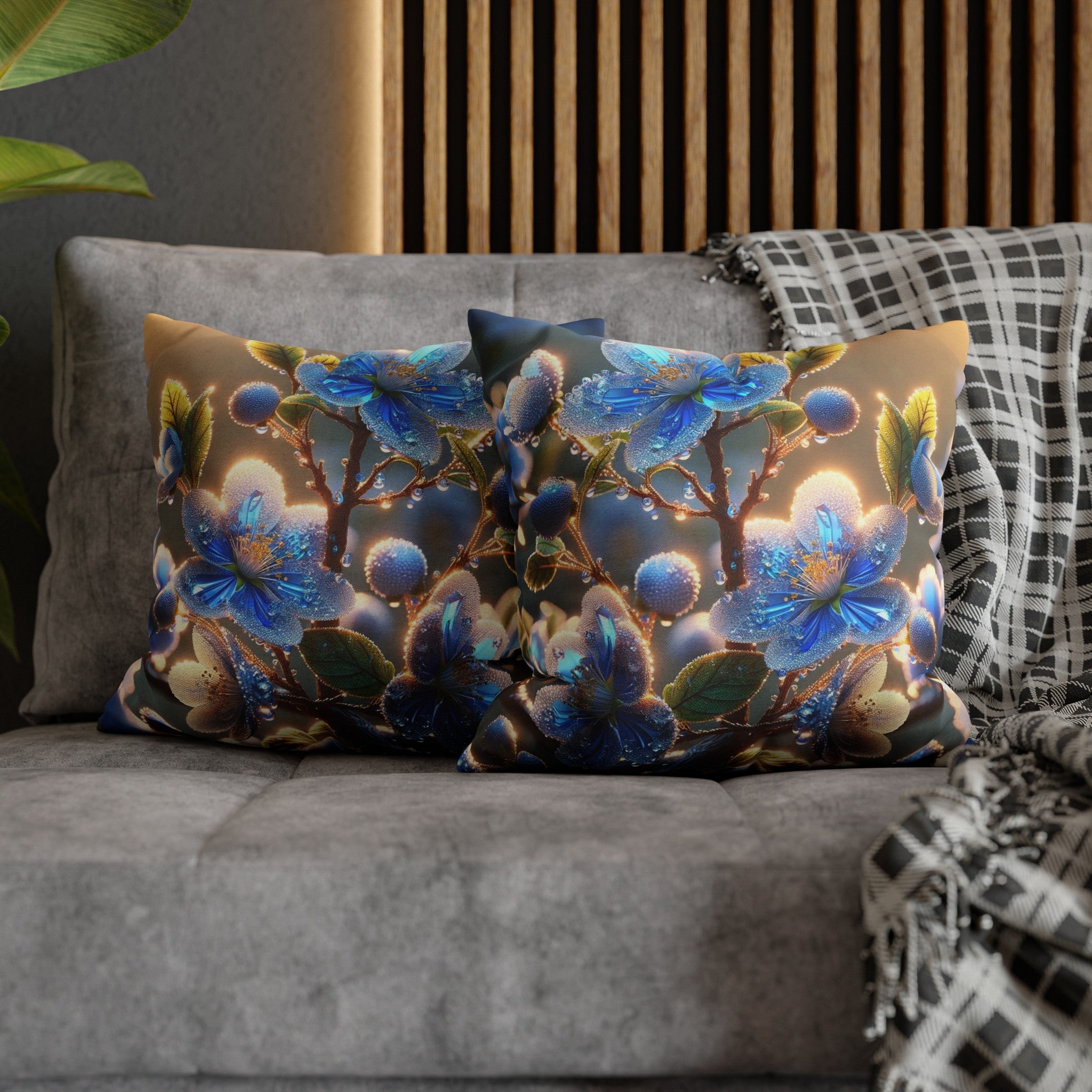 Blue, diamond flowers (2) - Polyester Square Pillowcase